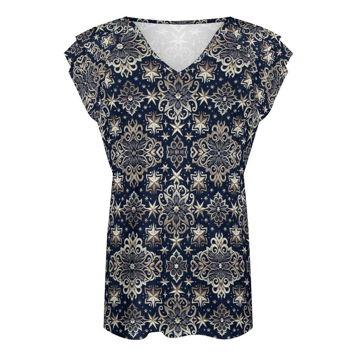 Cooling Polyester Ruffle V-Neck T-Shirt