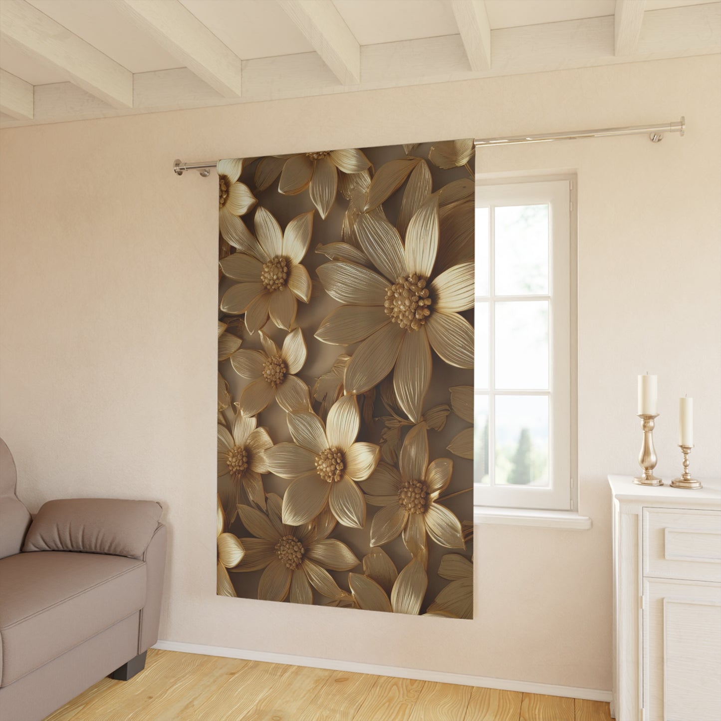Elegant Floral Window Curtain - Golden Blossom Home Decor, Living Room Drapes