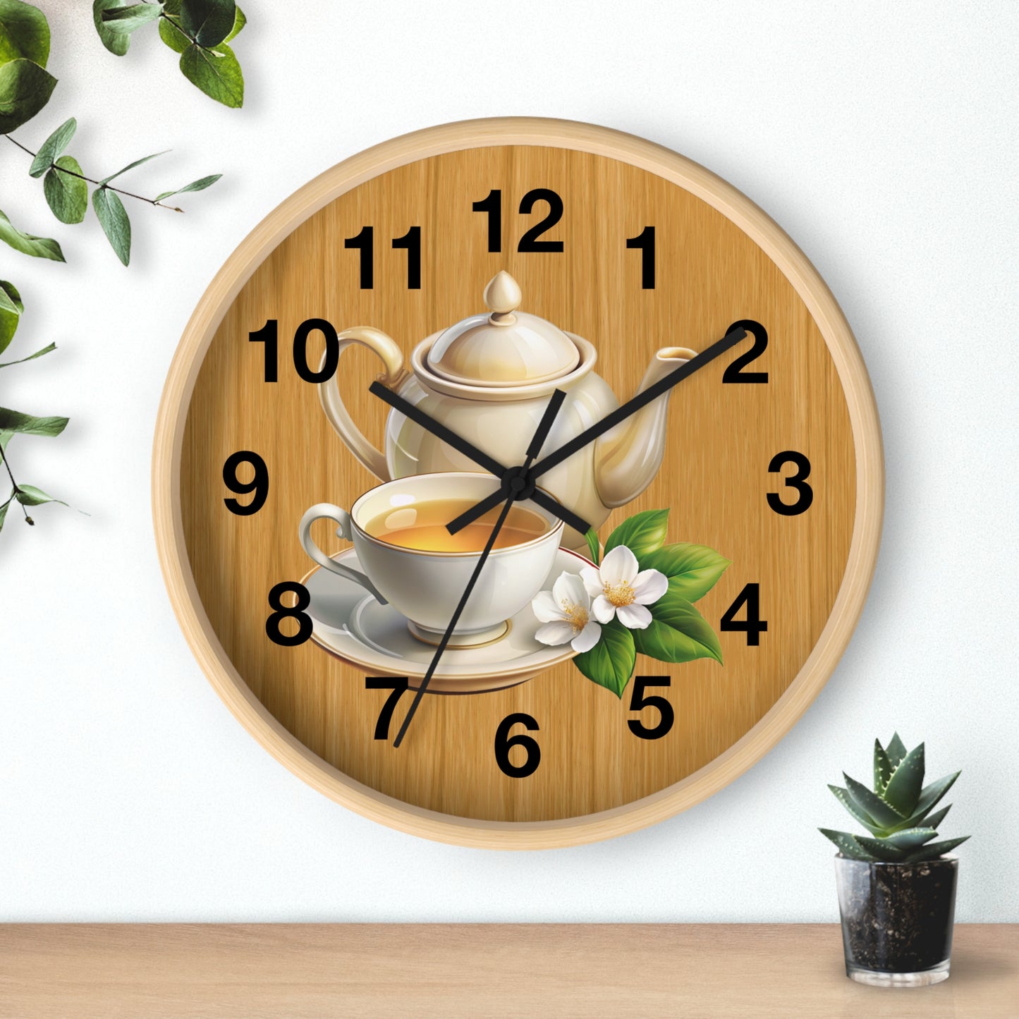 Tea Time Wall Clock, Rustic Kitchen Decor, Gift for Tea Lovers, Home Office Accent, Floral Design