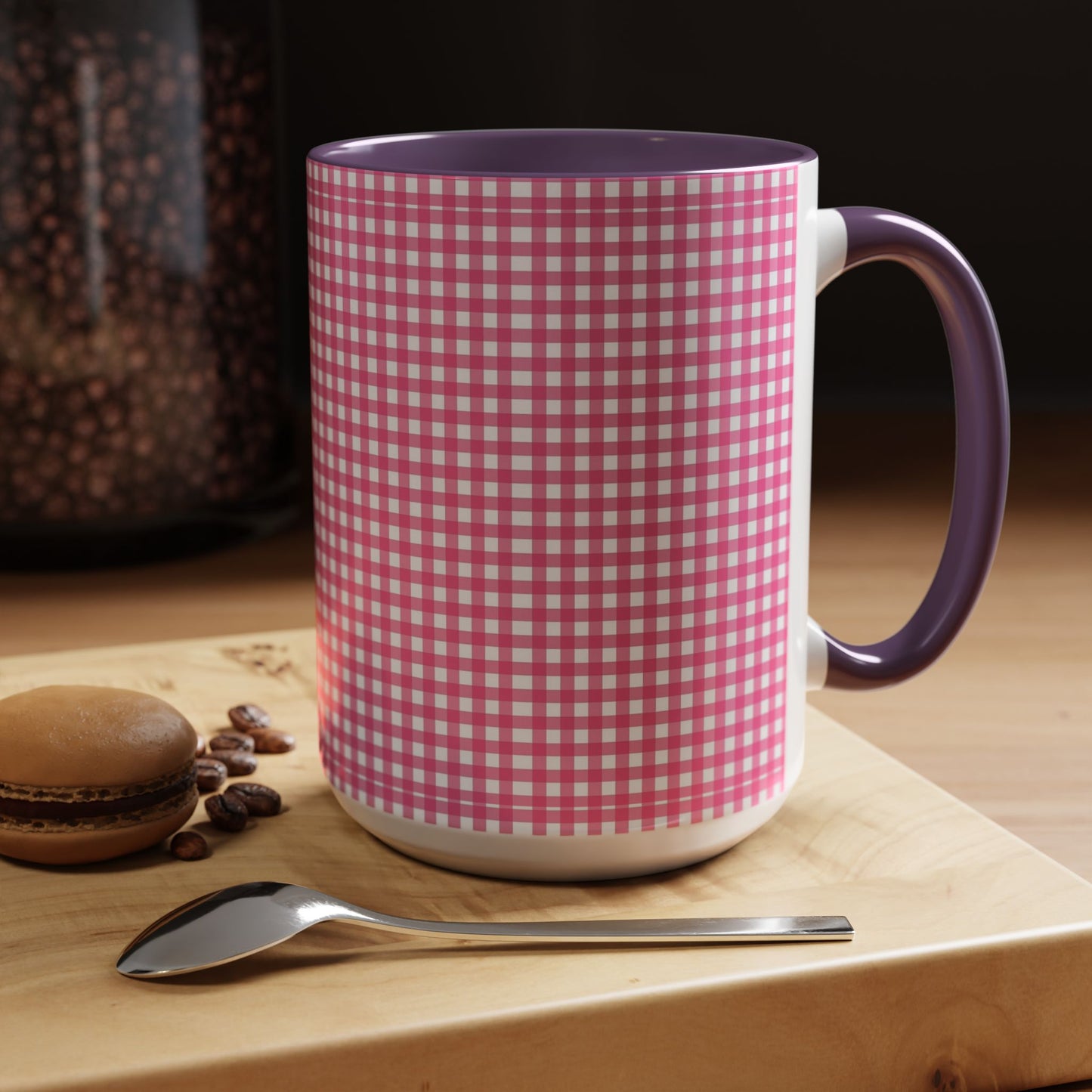 Pink Gingham Accent Coffee Mug, Cute Kitchen Decor, Gift for Coffee Lovers, Home Office Mug, Spring and Summer Vibes