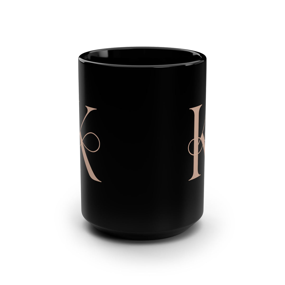 Monogram K Black Ceramic Mug – Elegant Rose Gold Initial Coffee Cup, 15oz