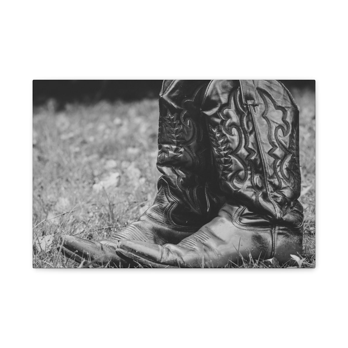 Western Cowboy Boots Matte Canvas Wall Art – Black & White Rustic Country Decor
