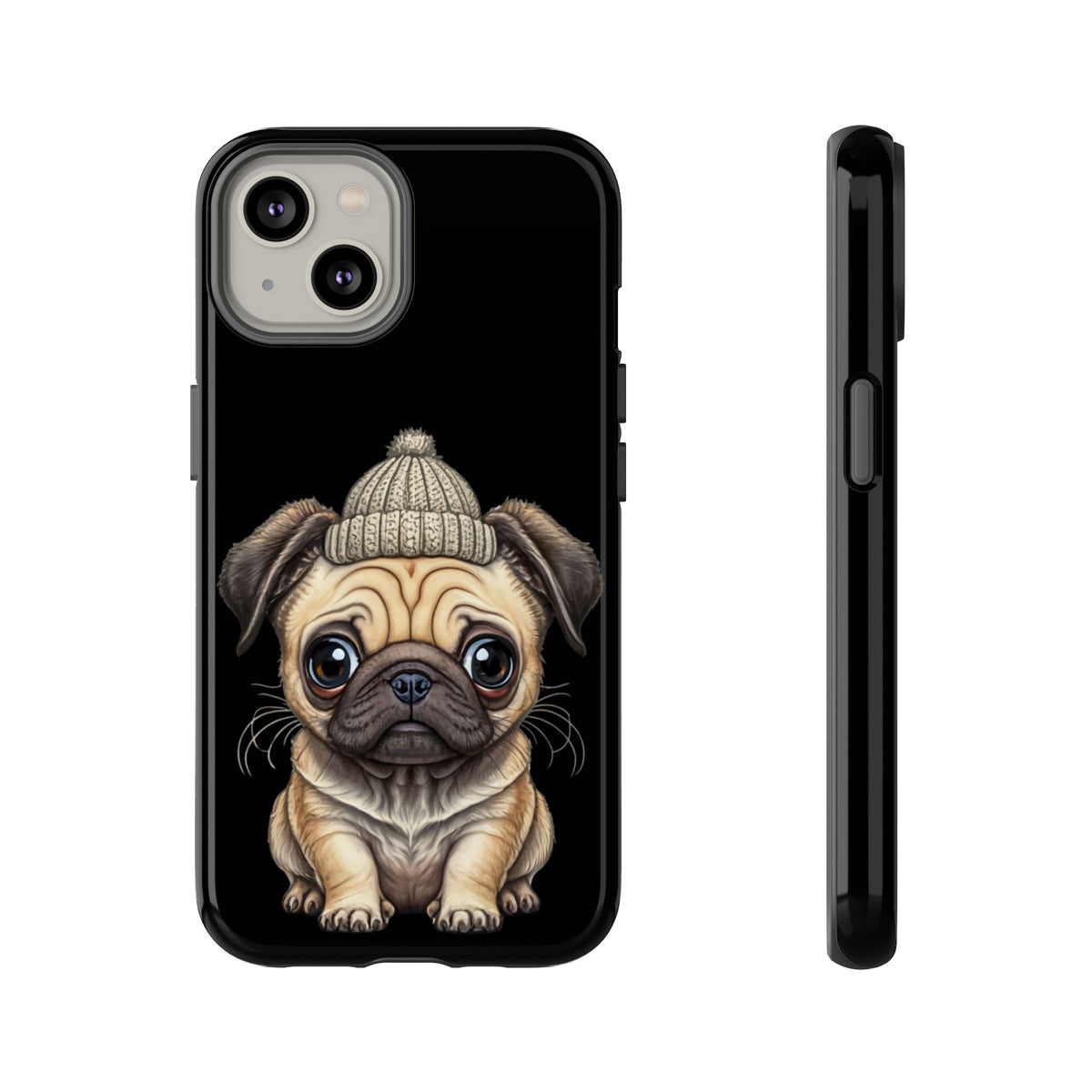 Pug Phone Case – Cute Pug Puppy Illustration on Black Tough Case