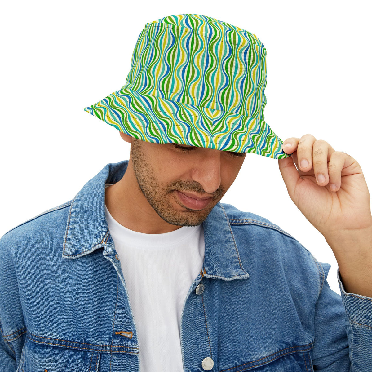 Green Wave Pattern Bucket Hat — Retro Groovy Summer Sun Hat