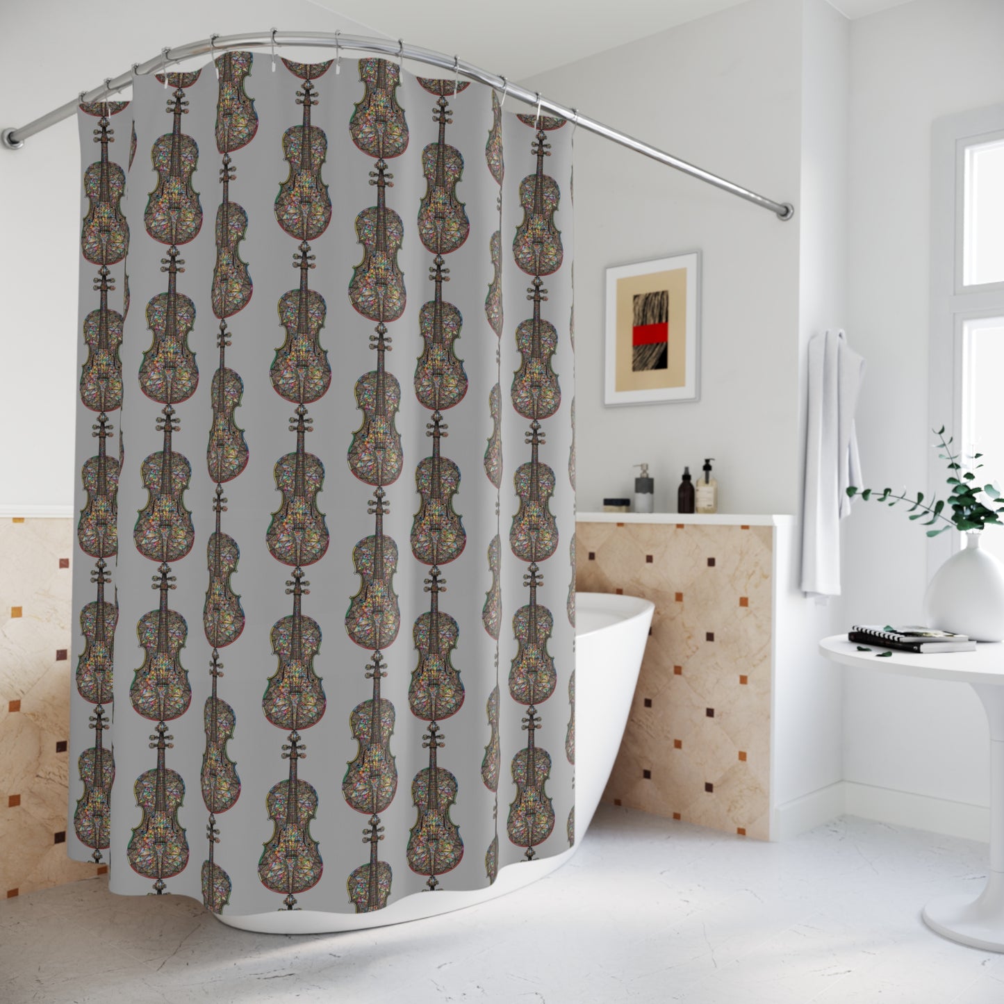 Musical Note Shower Curtain, Vibrant Violin Design, Art Deco Bathroom Decor, Gift for Music Lovers, Unique Home Accessory, Shower Decor