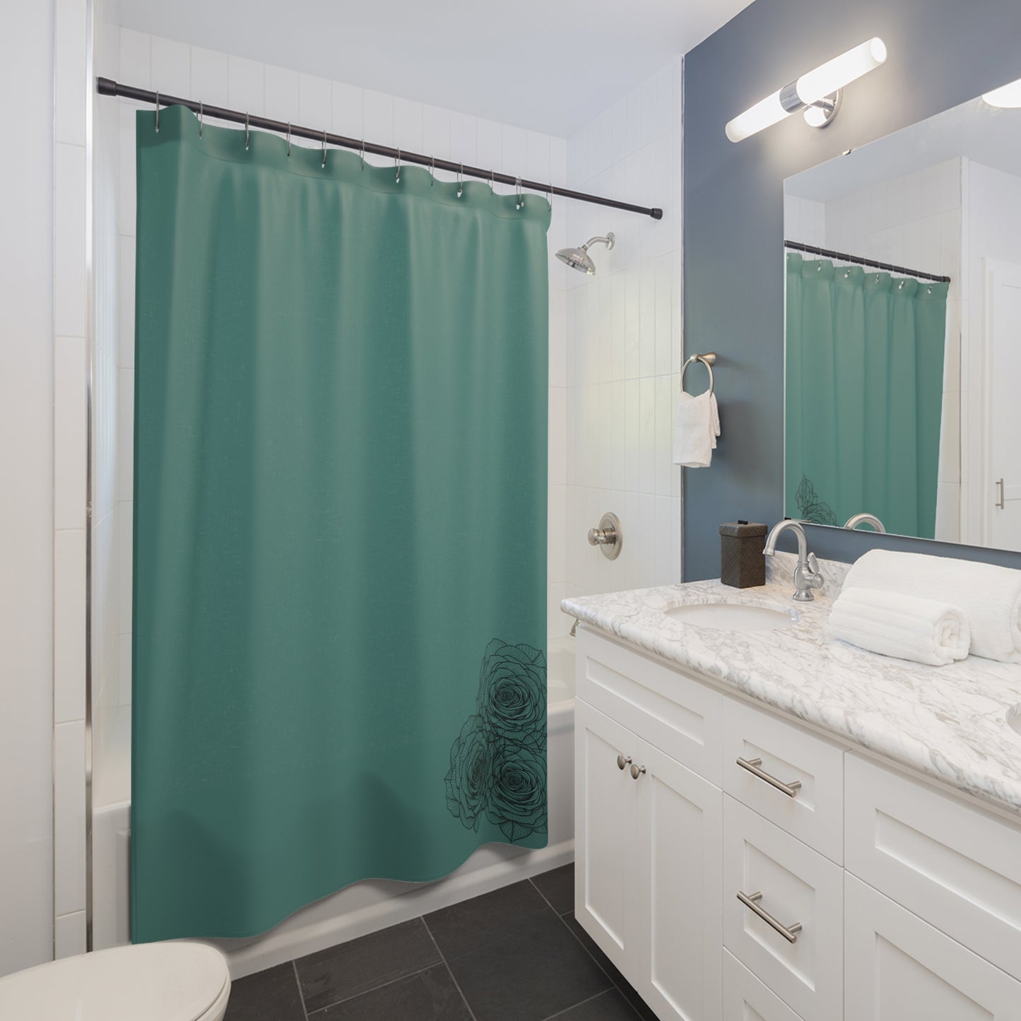 Elegant Teal Shower Curtain, Modern Bathroom Decor, Floral Print, Home Spa, Gift for Her, Relaxing Ambiance