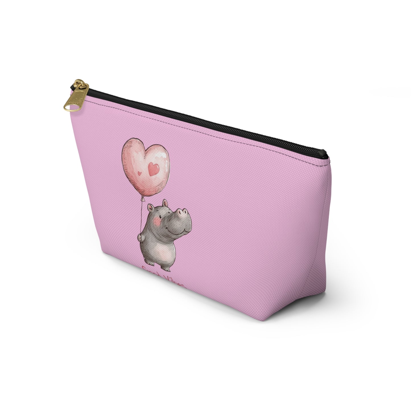 Cute Hippo Good Vibes Accessory Pouch, Makeup Bag, Travel Organizer, Gift for Animal Lovers, Cute Pink Storage Bag