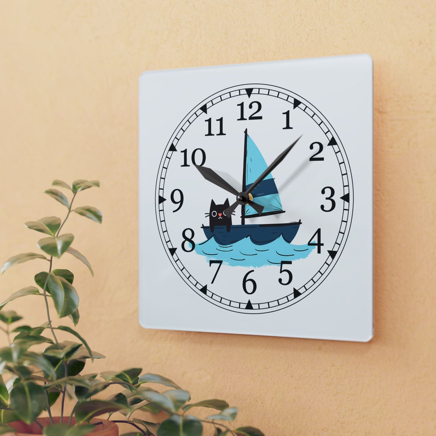 Sailing Cat Acrylic Wall Clock, Cute Home Decor, Nautical Gift, Cat Lover's Wall Art, Unique Timepiece, Kids Room Decoration