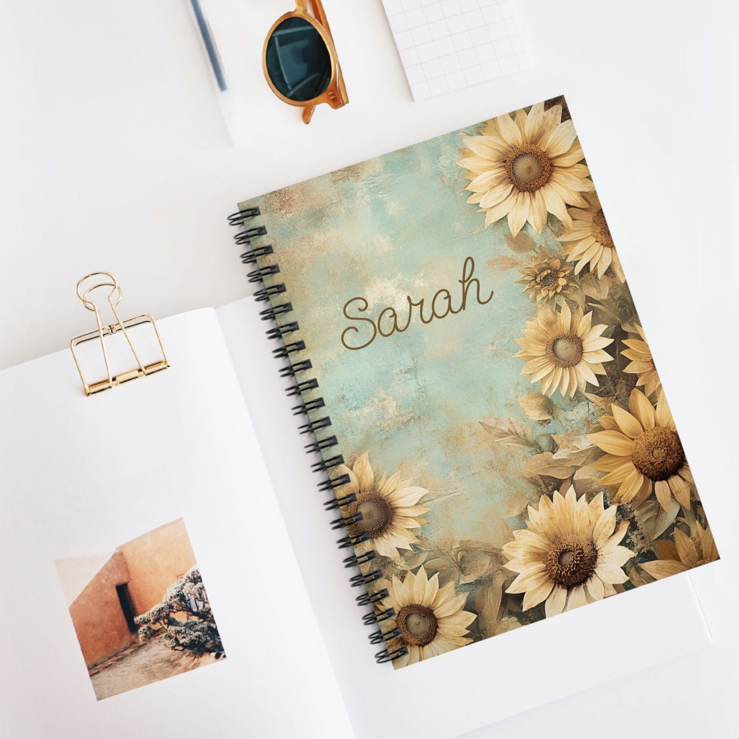 Personalized Floral Spiral Notebook - Sarah, Journal, Gift, Stationery, School, Writing, Notebook with Sunflowers