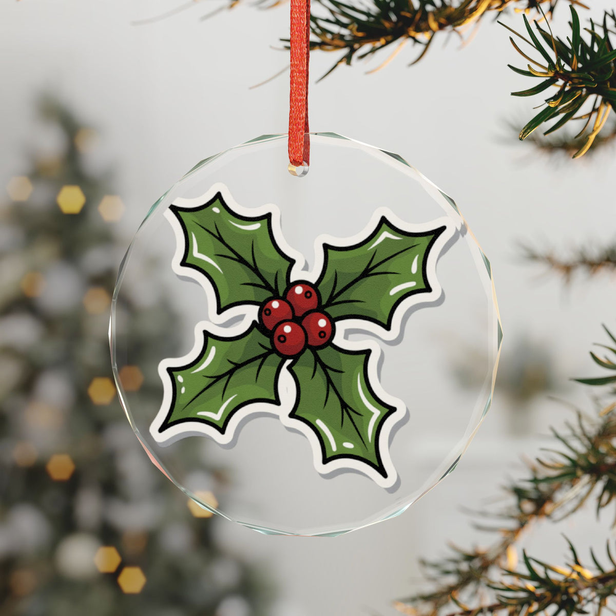 Crystal Glass Ornament — Festive Holly & Berries Christmas Tree Decoration