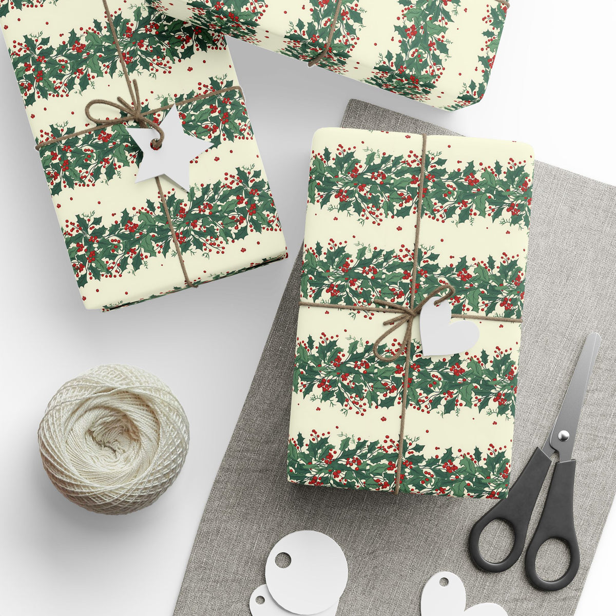 Wrapping Paper Roll — Festive Green Wreath & Red Berry Holiday Wrap