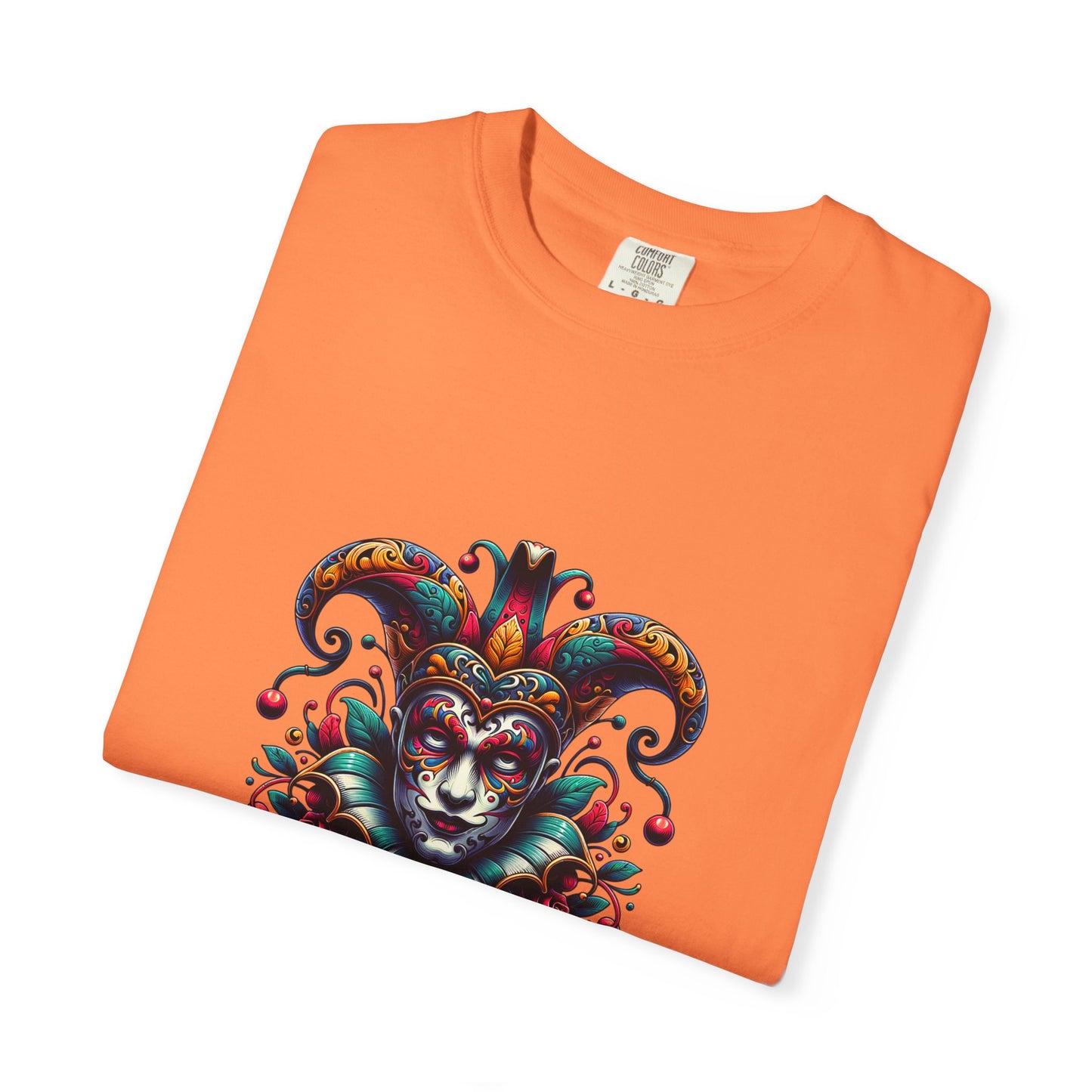 Vibrant Unisex Garment-Dyed T-shirt Featuring Colorful Jester Design, Festival Fashion