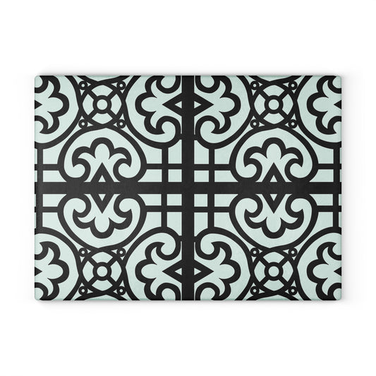 Glass Cutting Board — Decorative Moroccan Tile Pattern in Mint & Black