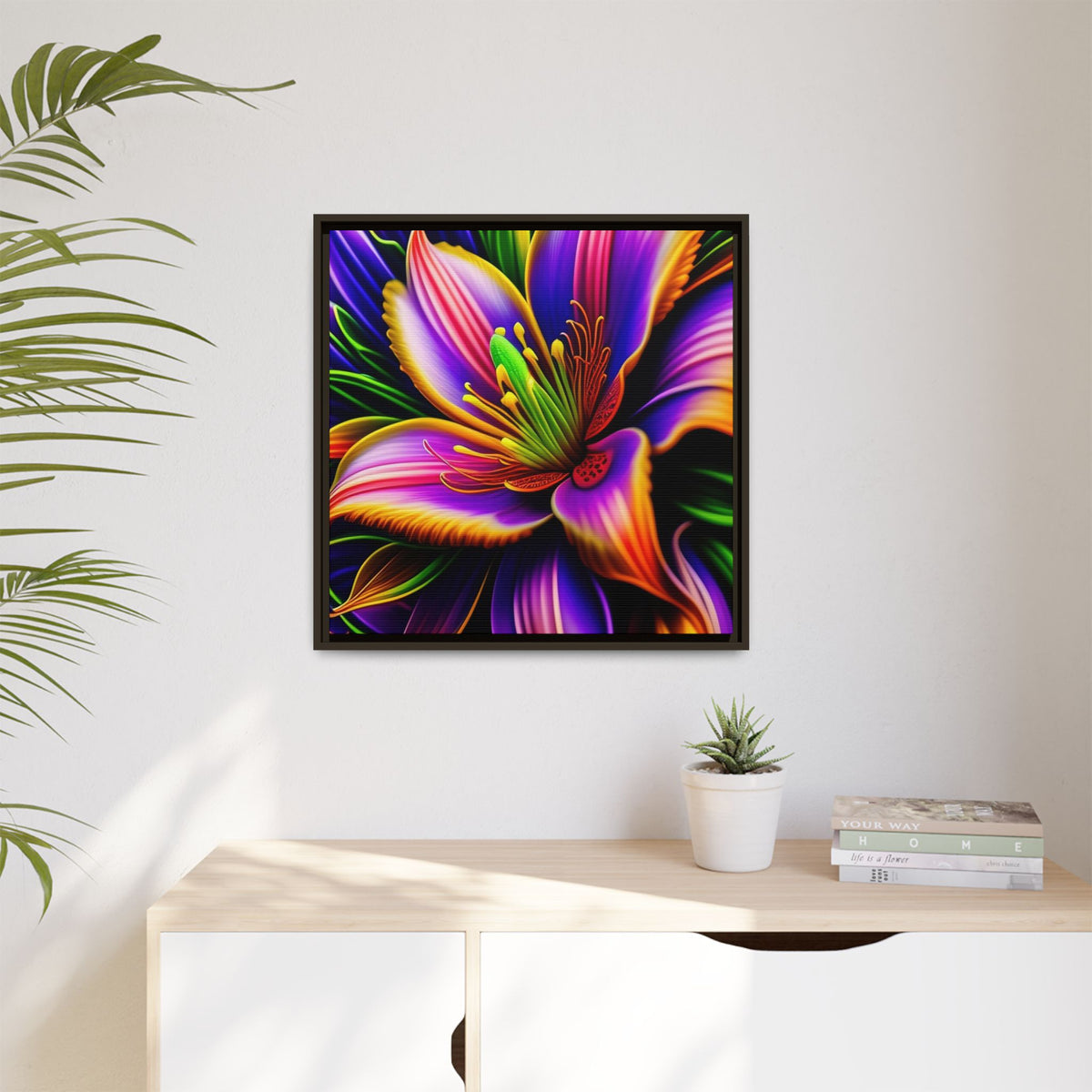 Vibrant Neon Floral Matte Canvas Print — Framed Wall Art