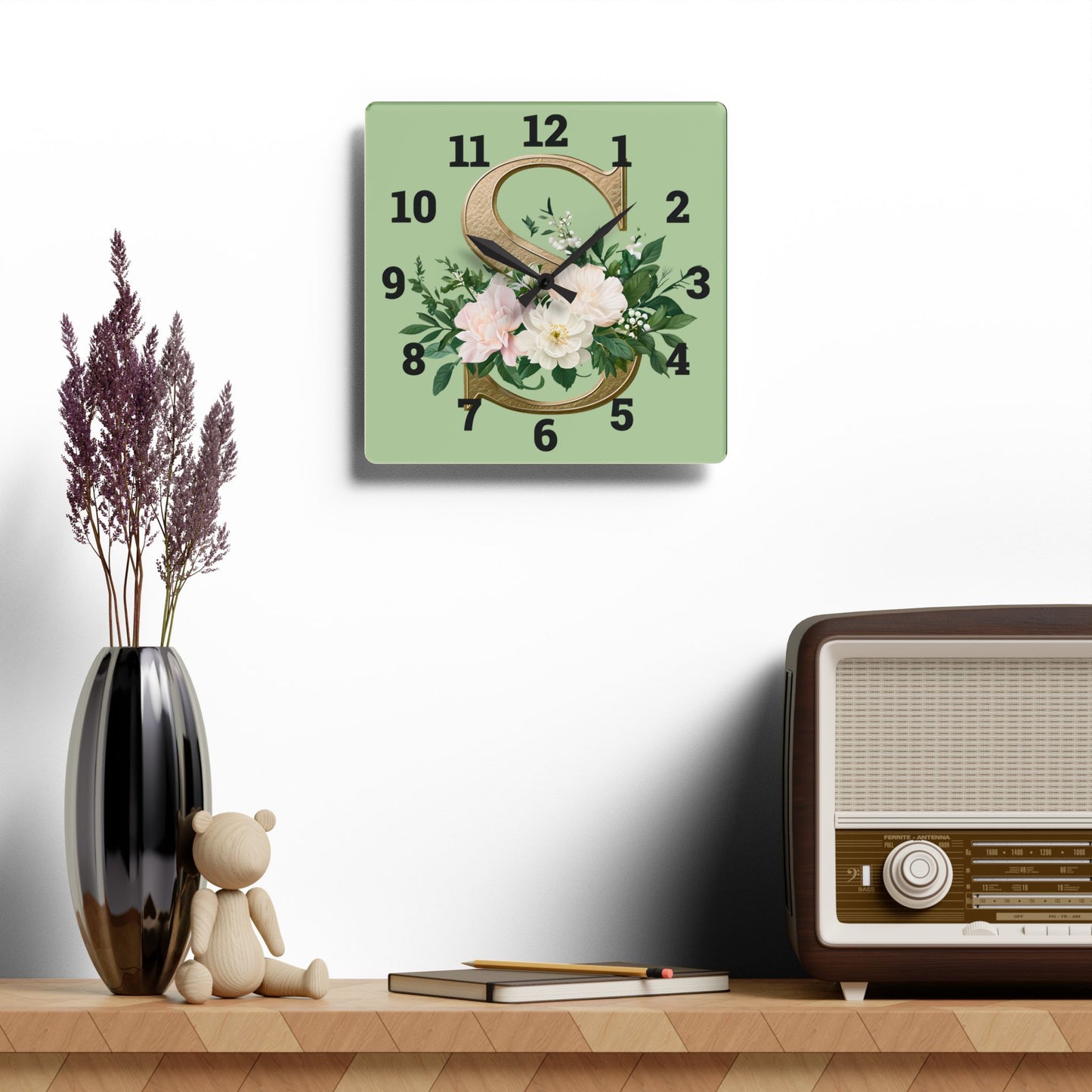 Floral Initial Acrylic Wall Clock, Elegant Home Décor