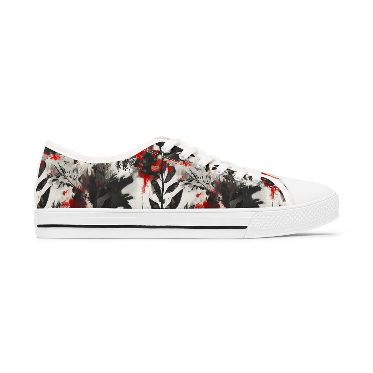 Floral Ink-Blend Low Top Sneakers — Artistic Black & Red Canvas Shoes
