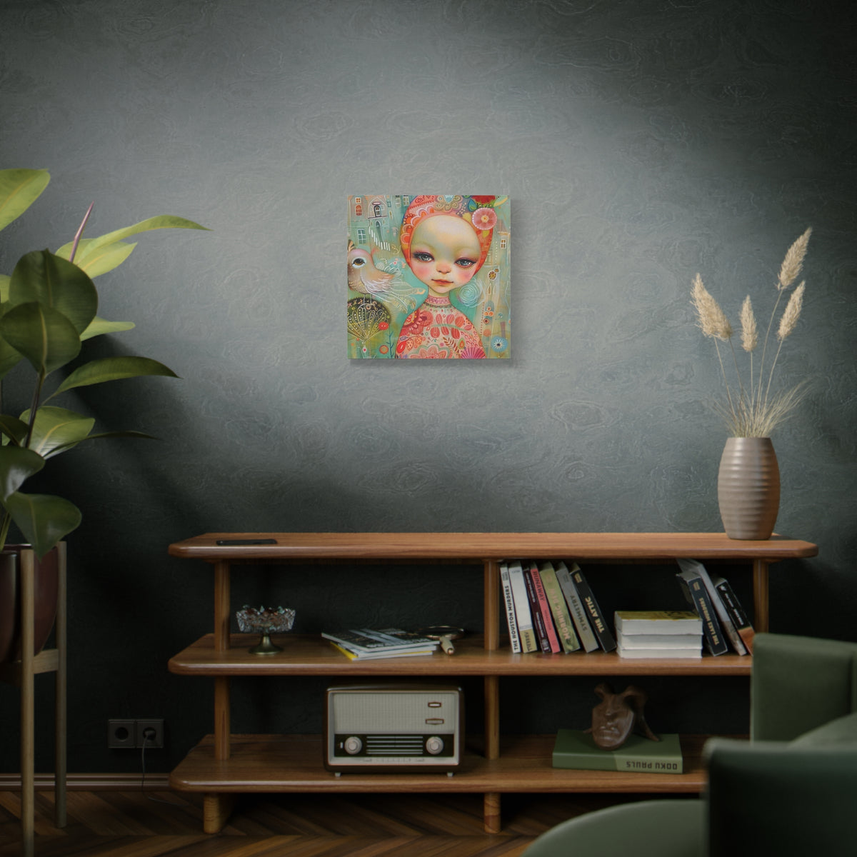 Whimsical Girl & Bird Matte Canvas Wall Art — Stretched Decorative Painting