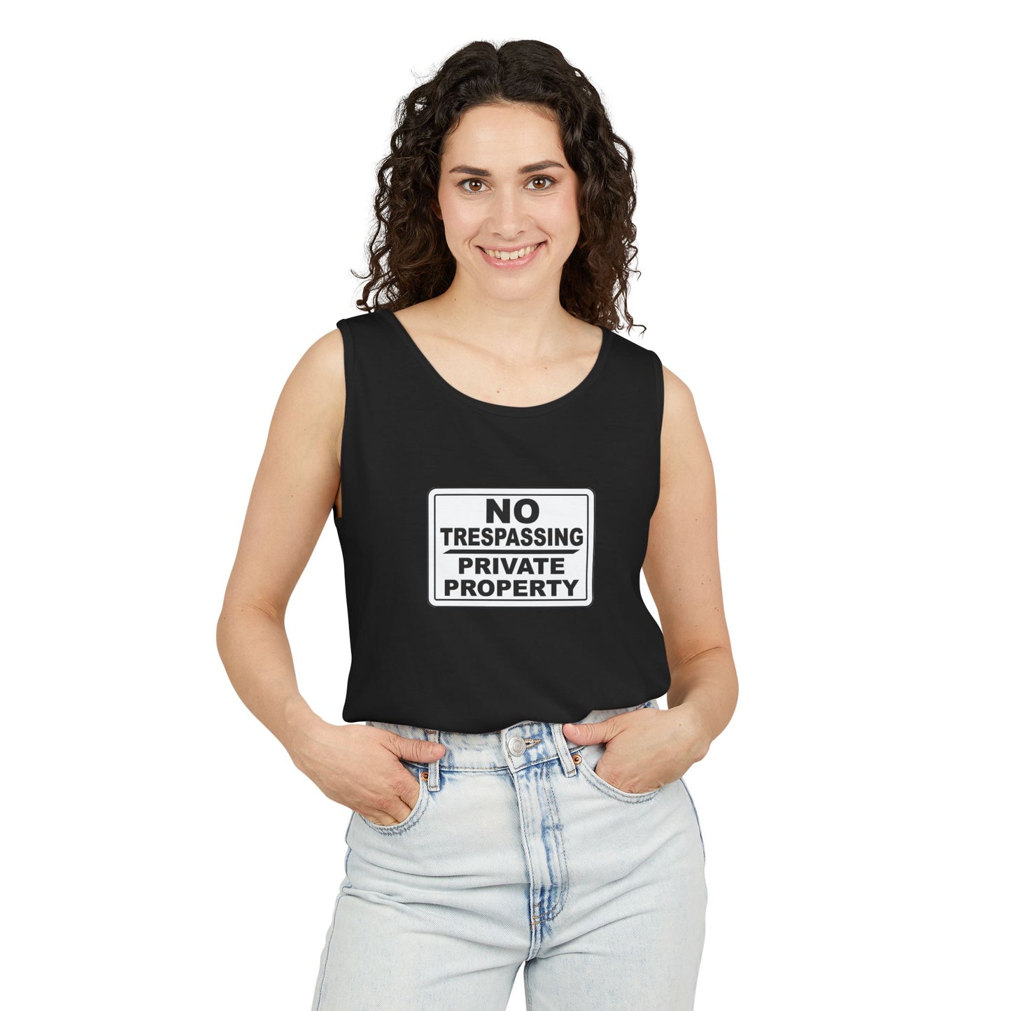 No Trespassing Garment-Dyed Tank Top | Unisex Summer Wear, Beach Vacation Shirt, Outdoor Adventure Top, Gift for Nature Lovers
