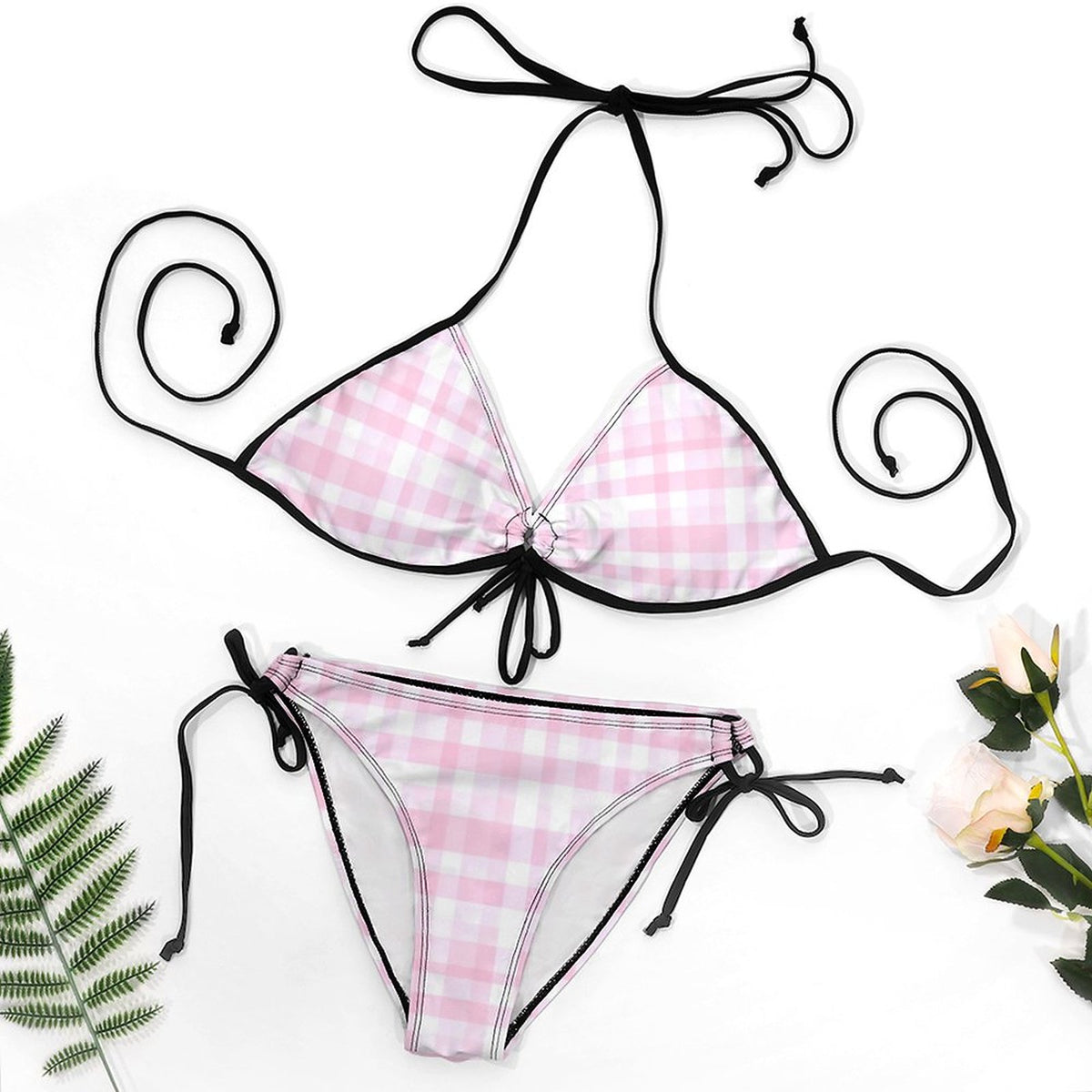 Halter Tie Front Bikini Set Pink Plaid