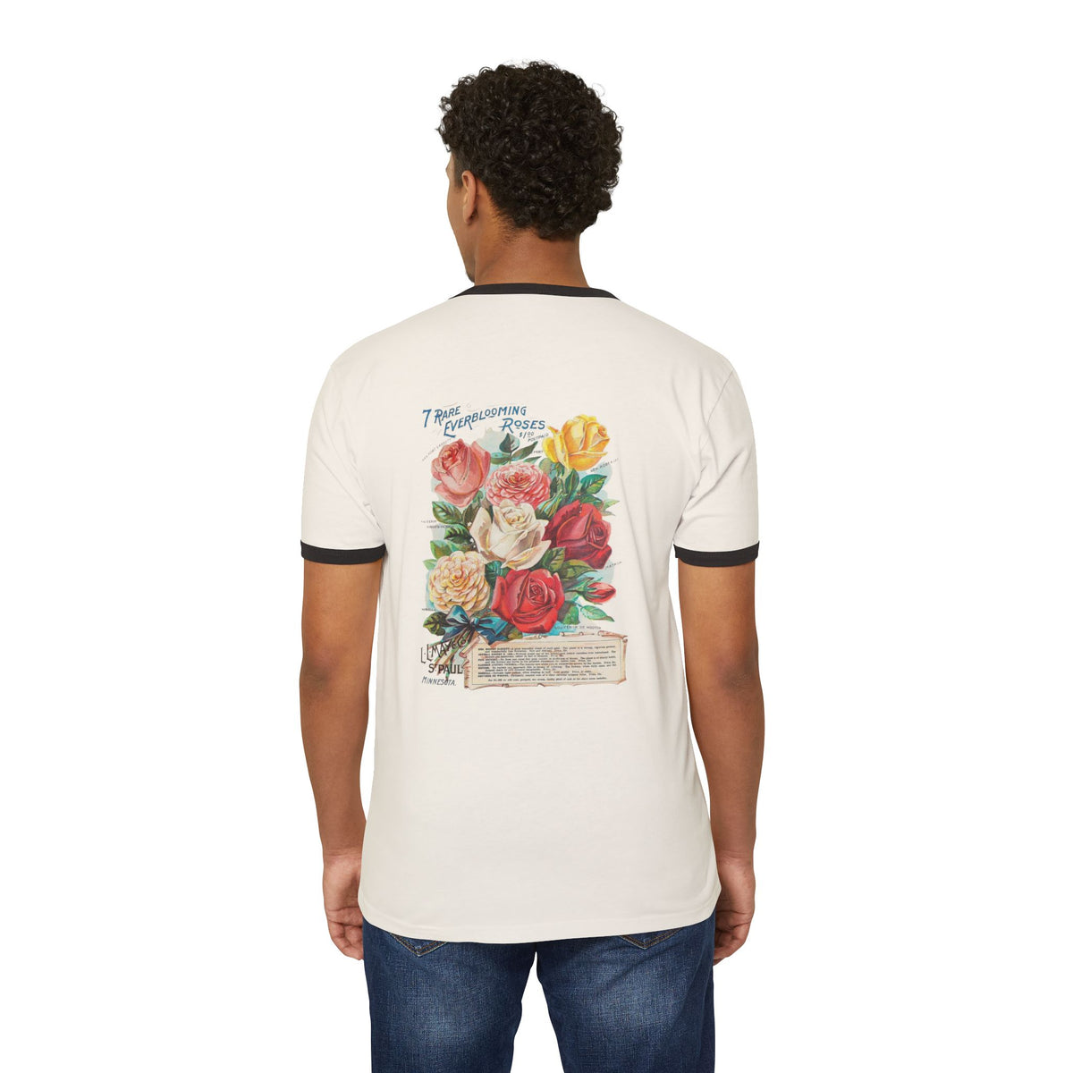 Vintage Floral Ringer Tee – '7 Rare Ever-Blooming Roses' Retro Bouquet Graphic