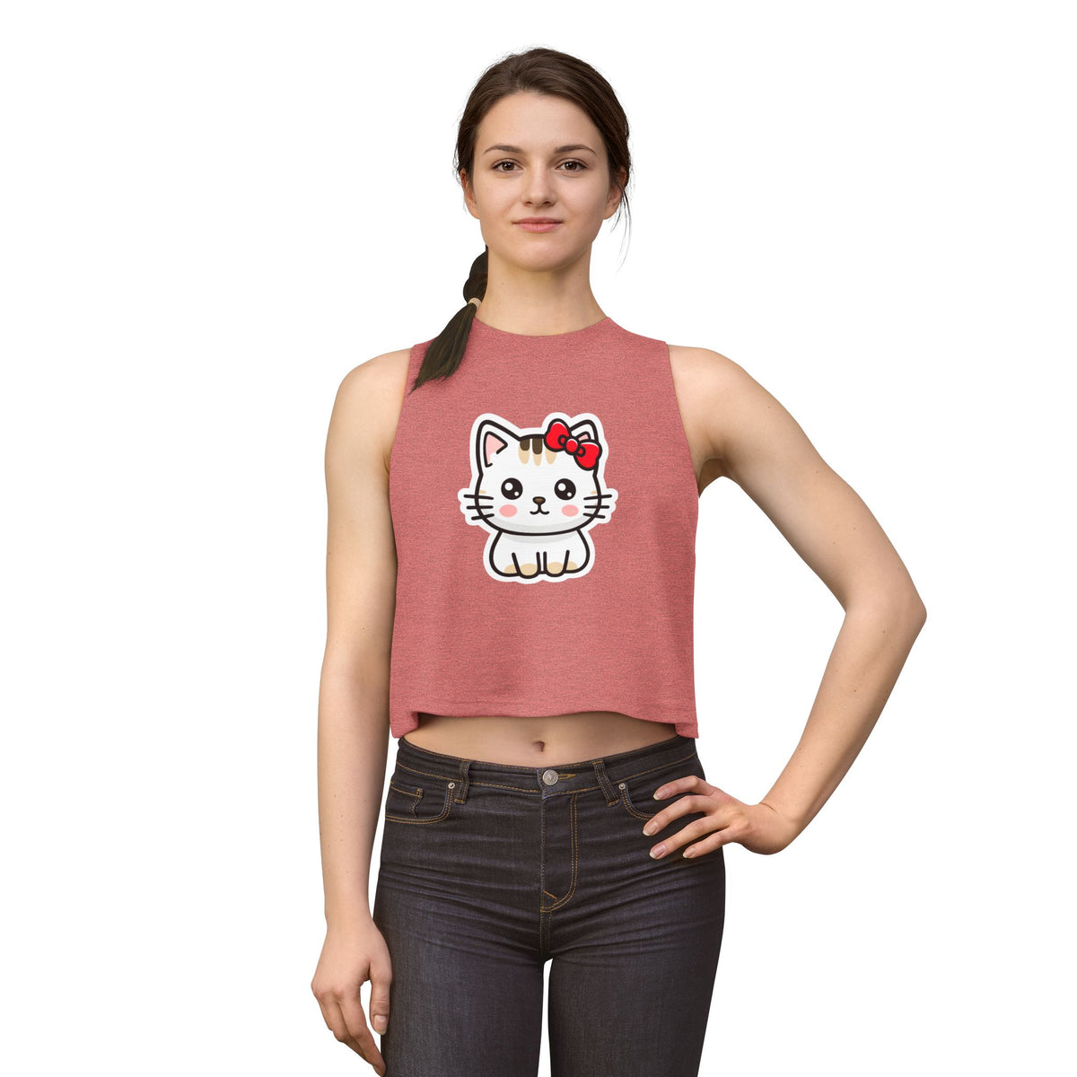 Kawaii Kitty Bow Crop Top — Cute Cat Graphic Women's Tank