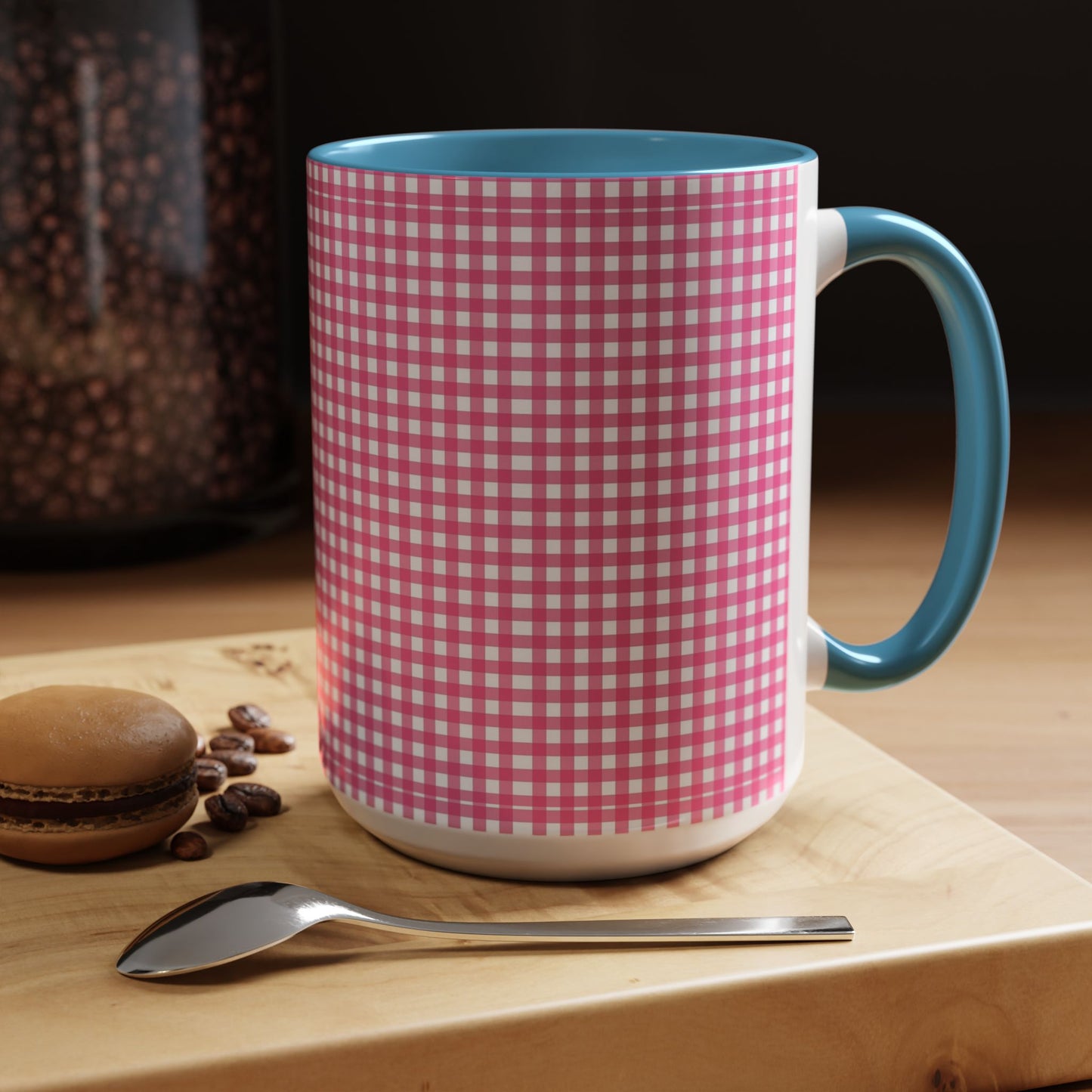 Pink Gingham Accent Coffee Mug, Cute Kitchen Decor, Gift for Coffee Lovers, Home Office Mug, Spring and Summer Vibes