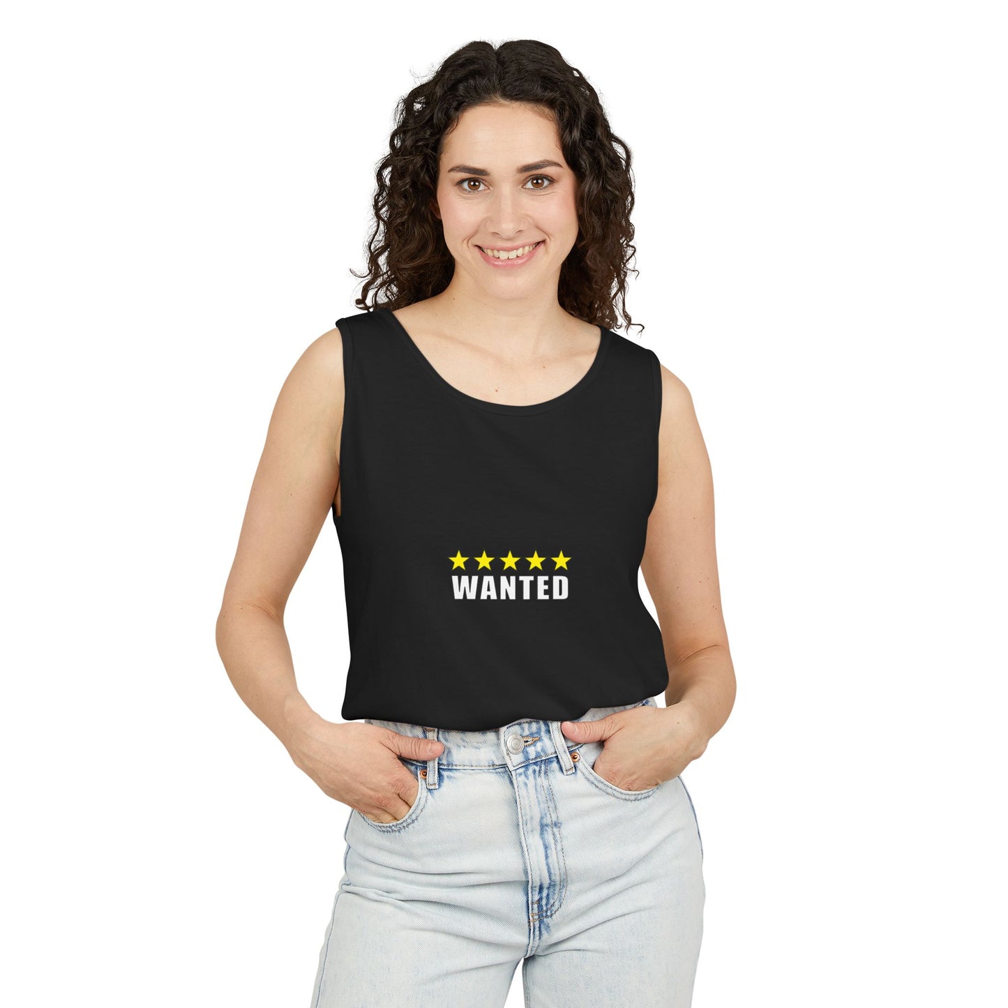 5-Star "WANTED" Garment-Dyed Tank Top, Unisex Summer Shirt, Gift for Him/Her, Trendy Casual Wear, Pool Party Outfit, Unique Graphic Tee