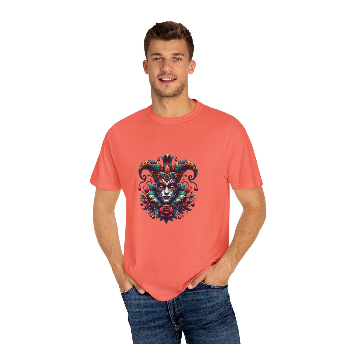 Vibrant Unisex Garment-Dyed T-shirt Featuring Colorful Jester Design, Festival Fashion