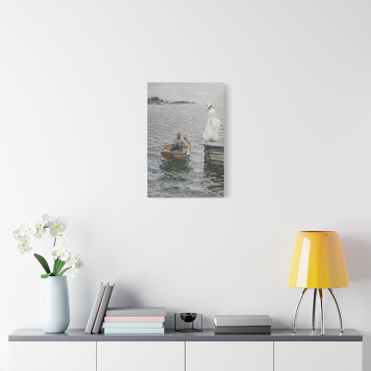 Seaside Stroll Canvas Print — Vintage Woman & Rowboat Matte Stretched Art 1.25"