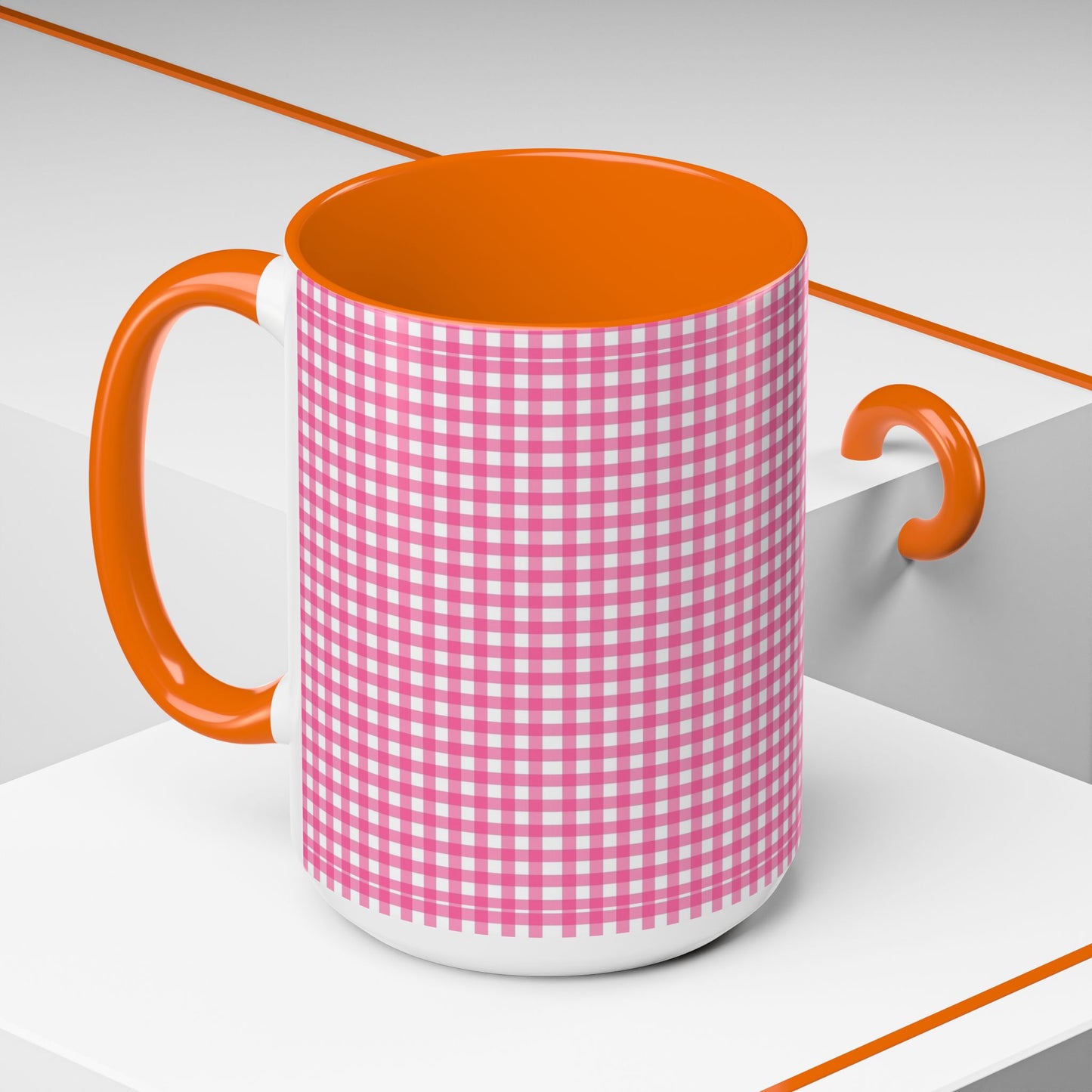 Pink Gingham Accent Coffee Mug, Cute Kitchen Decor, Gift for Coffee Lovers, Home Office Mug, Spring and Summer Vibes