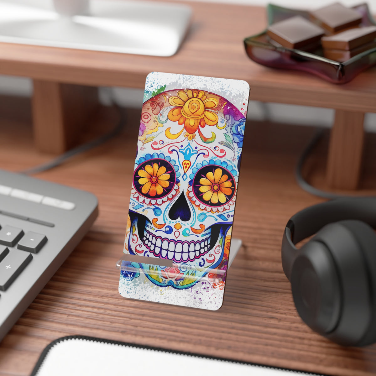 Sugar Skull Smartphone Stand — Colorful Day of the Dead Mobile Display Stand