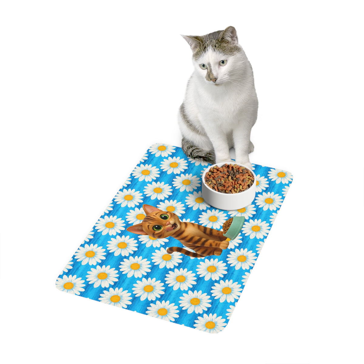 Cute Tabby Cat Pet Food Mat (12x18) — Daisy Pattern, Non-Slip Feeding Placemat