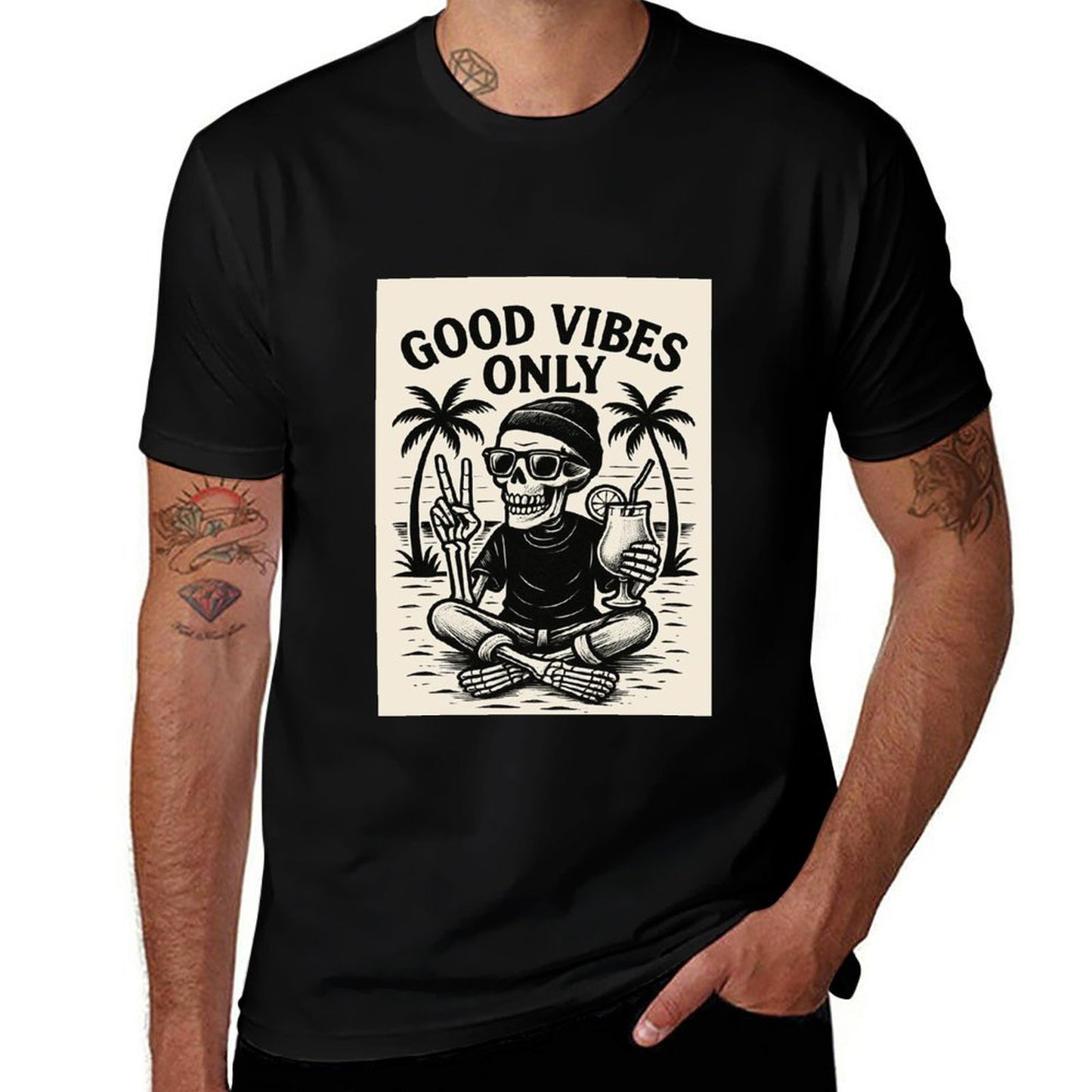 Short Sleeve Cotton Crewneck T-Shirt for Men Women (Front Printing) - Good Vibes Only