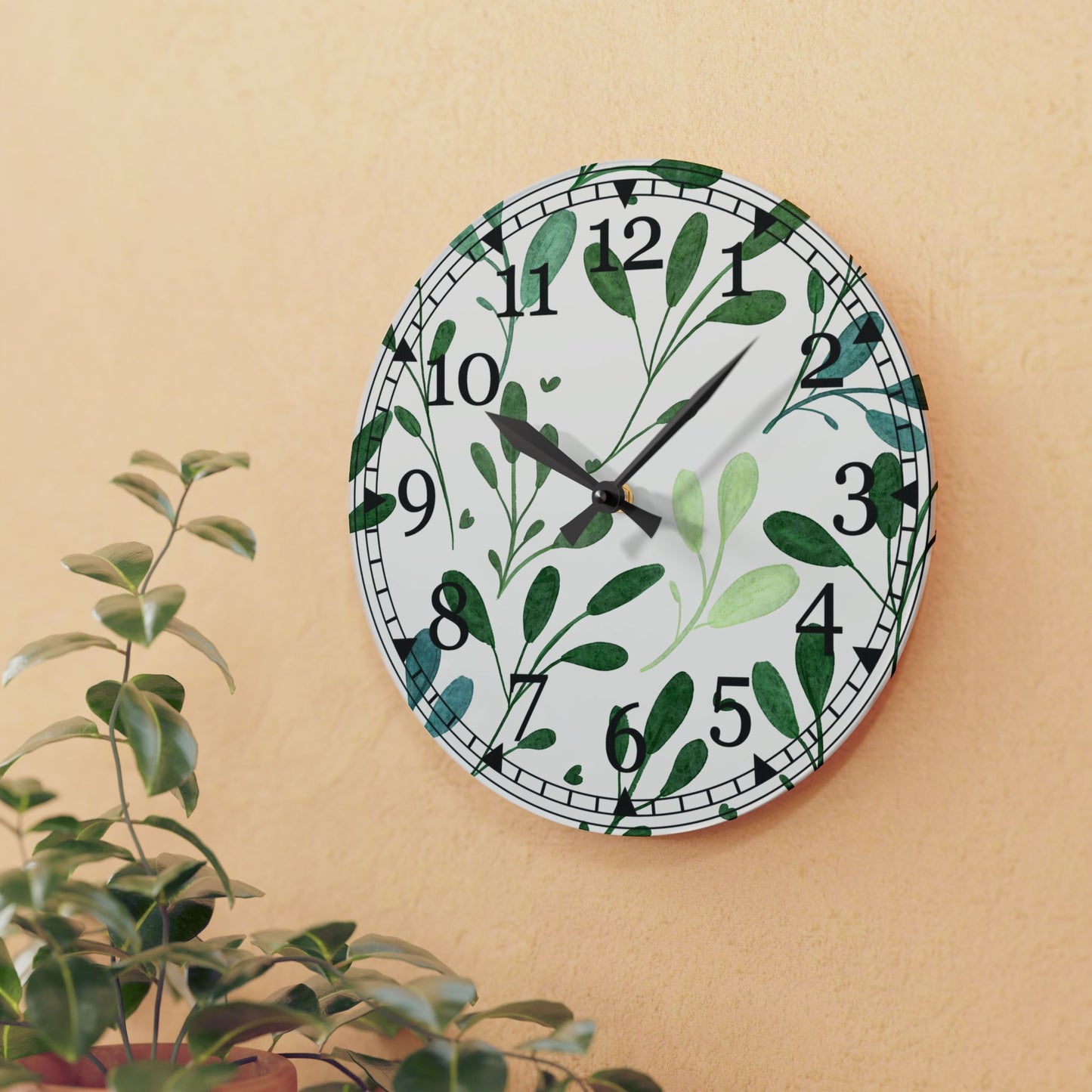 Nature Inspired Acrylic Wall Clock, Greenery Home Decor, Modern Timepiece