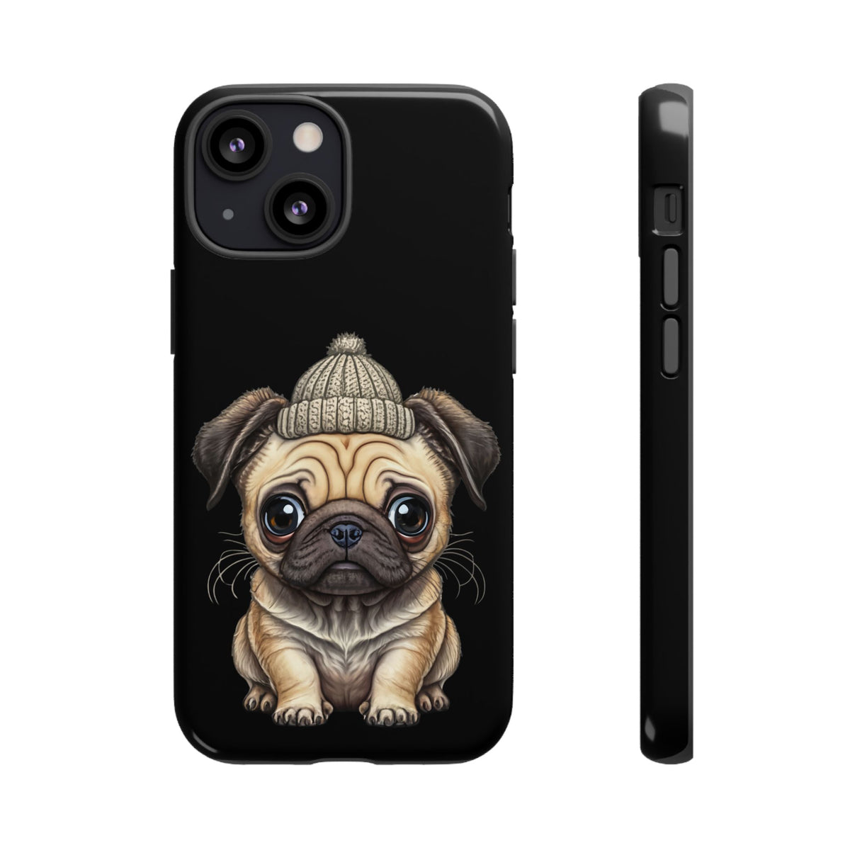 Pug Phone Case – Cute Pug Puppy Illustration on Black Tough Case