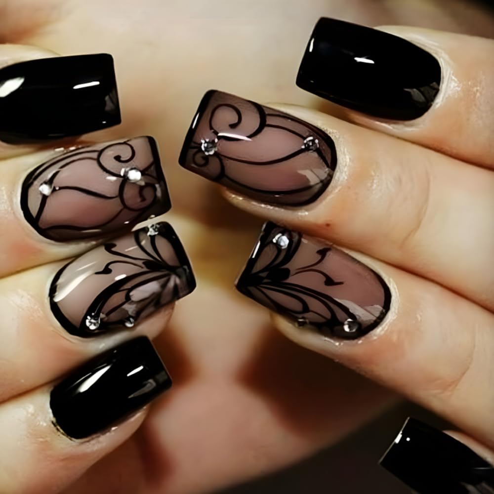 Black Press on Nails Short Square Fake Nails Black Vine Acrylic Glue on Nails Full Cover Glossy Nails Press ons Short Stick on Nails Summer Artificial Nails for Women Girls - 24Pcs