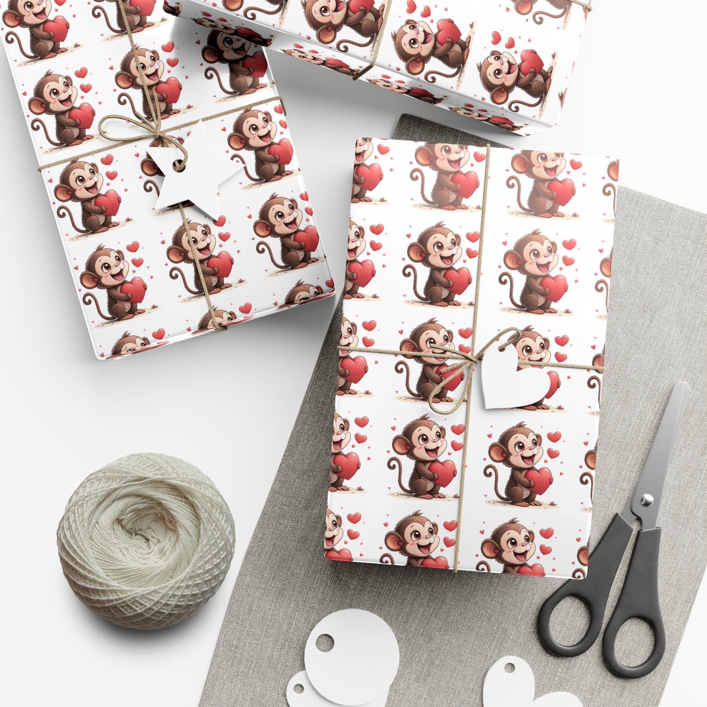 Cute Monkey Valentine's Gift Wrap Paper, Festive Wrapping Paper for Kids, Holiday Gift Wrap, Birthday Wrap, Monkey Love Print