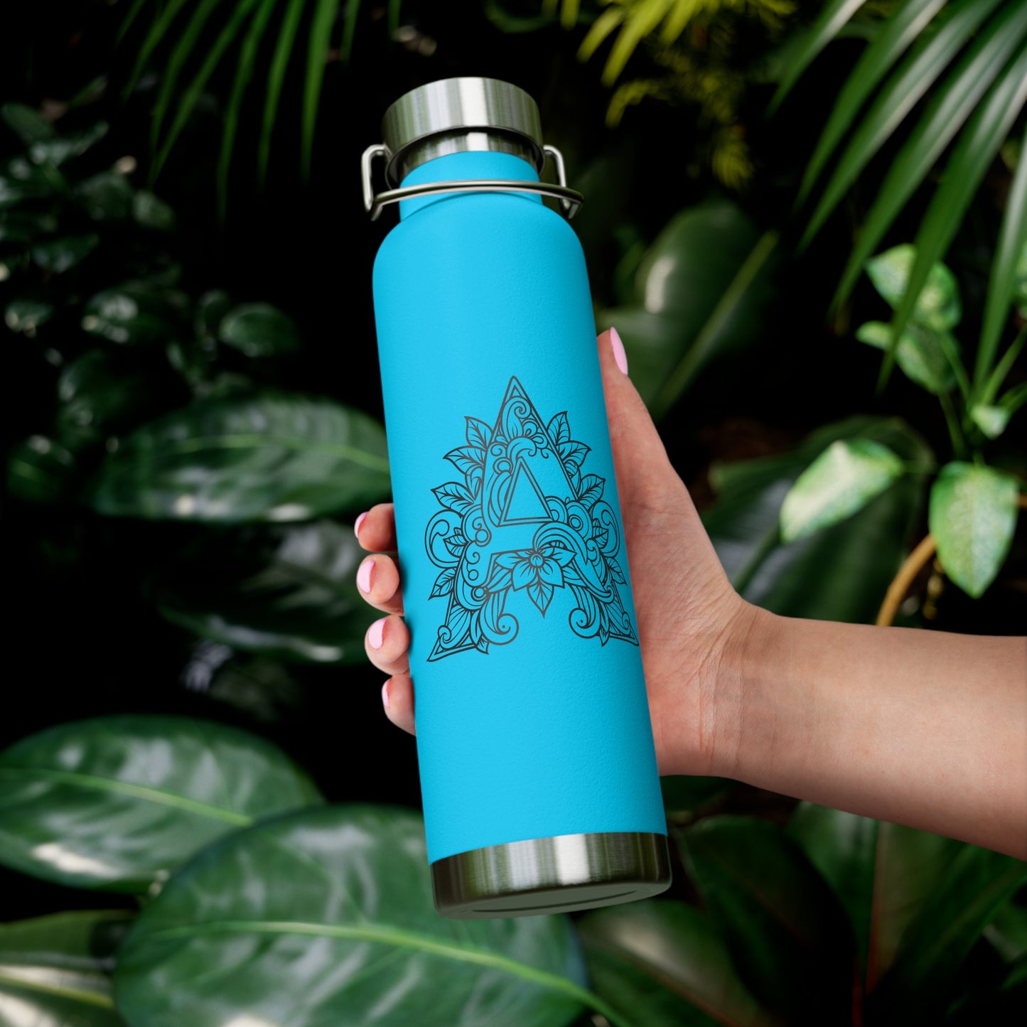 Boho Art Cold Drink Tumbler- Letter A, Personalized Water Bottle, Yoga Gift, Stylish Insulated Flask