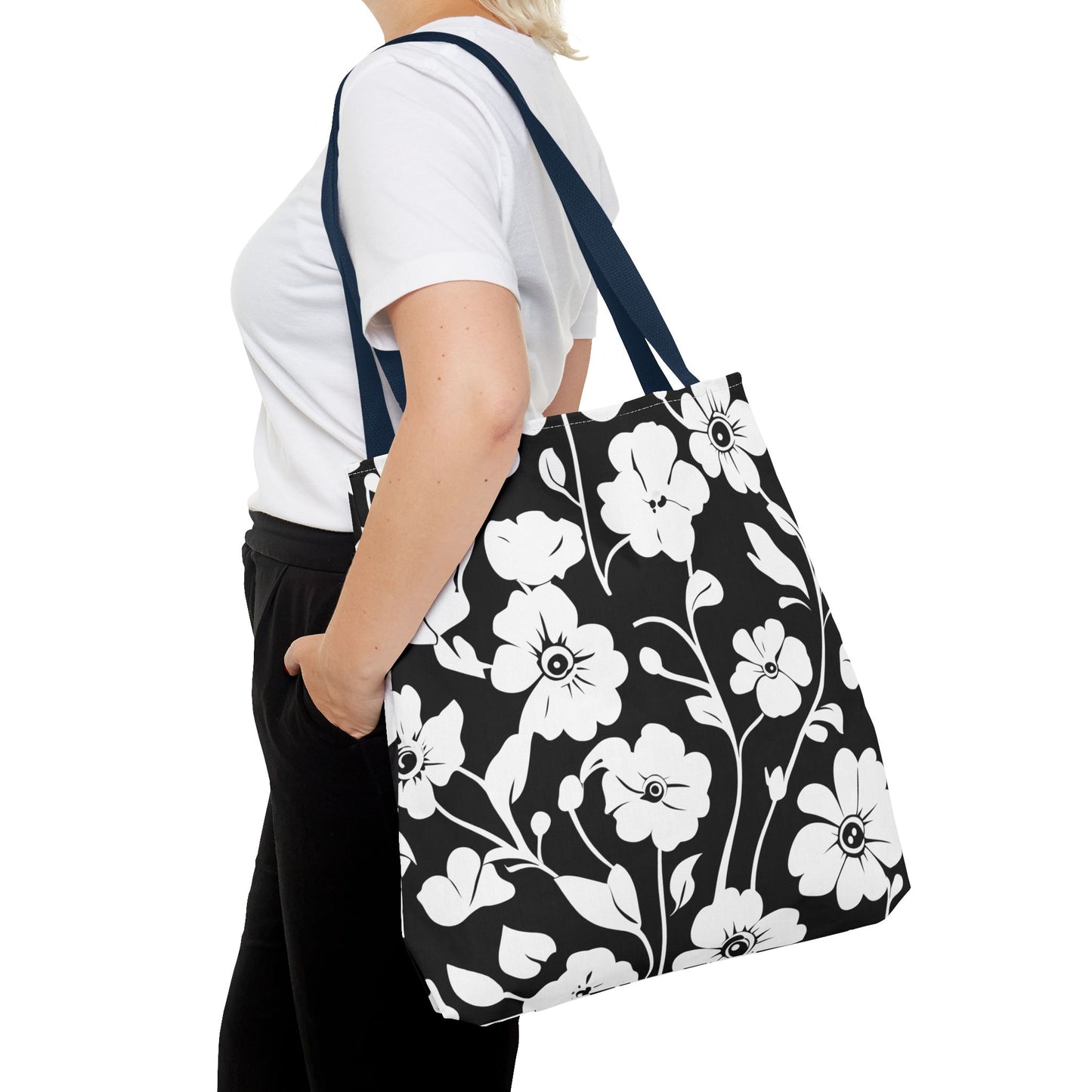 Elegant Floral Tote Bag, Black and White Tote, Eco-Friendly Shopping Bag