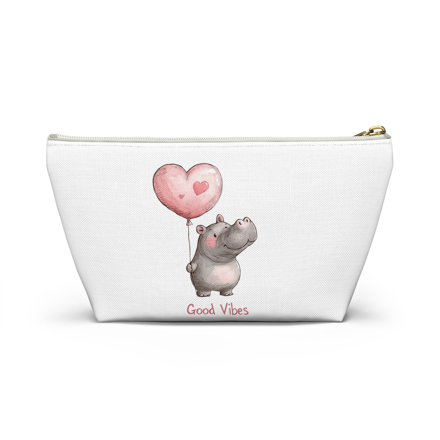Good Vibes Hippo Accessory Pouch, Cute Makeup Bag, Gift for Animal Lovers, Fun Travel Organizer, Heart Balloon Design