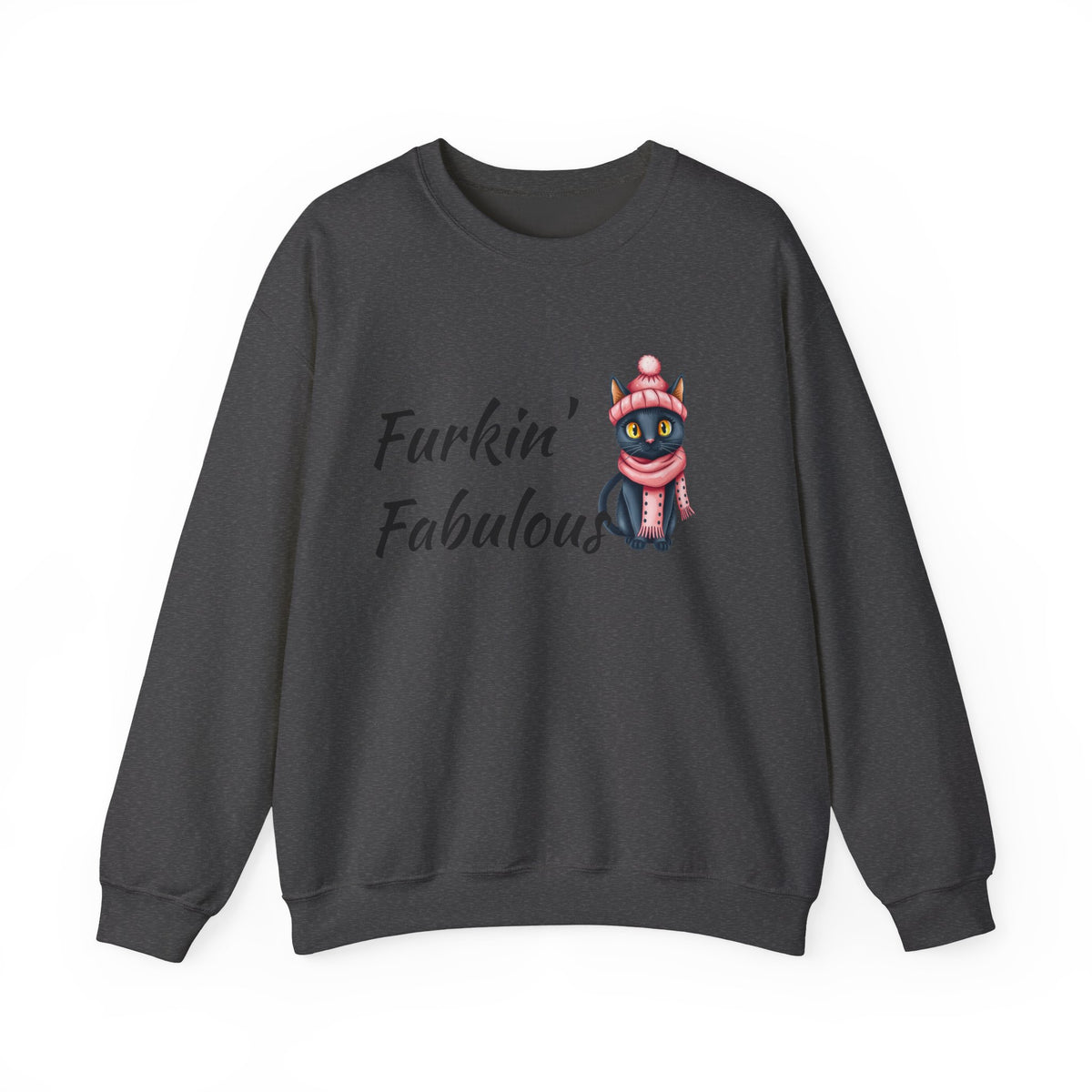 Crewneck Sweatshirt — "Furkin' Fabulous" Cute Black Cat in Pink Hat & Scarf