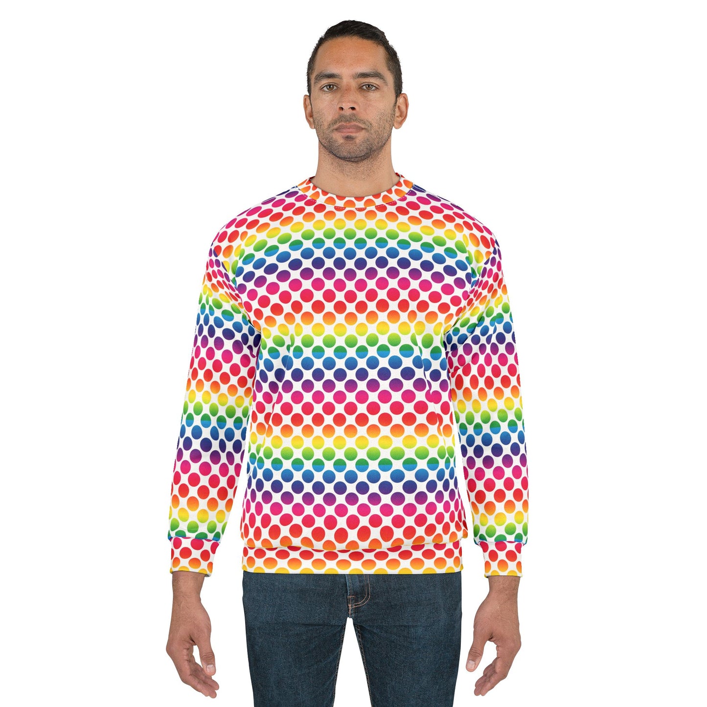 Rainbow Polka Dot Unisex Sweatshirt, Colorful AOP Pullover, Trendy Cozy Top, Vibrant Gift for Her/Him, Perfect for Casual Wear