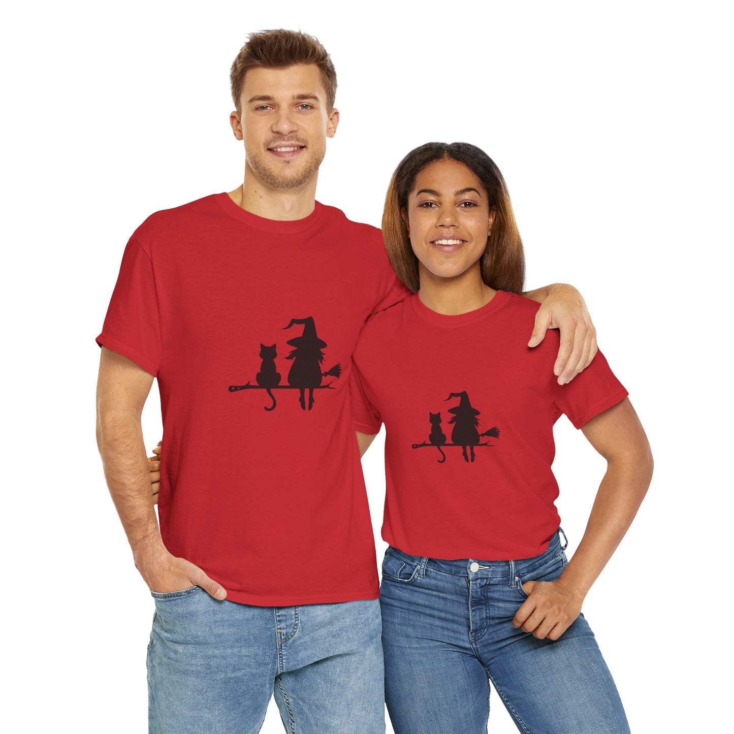 Witch and Cat Tee | Spooky Unisex Shirt for Halloween | Cute Witchwear for Cat Lovers | Fall Wardrobe Essential | Gift for Magical Friends