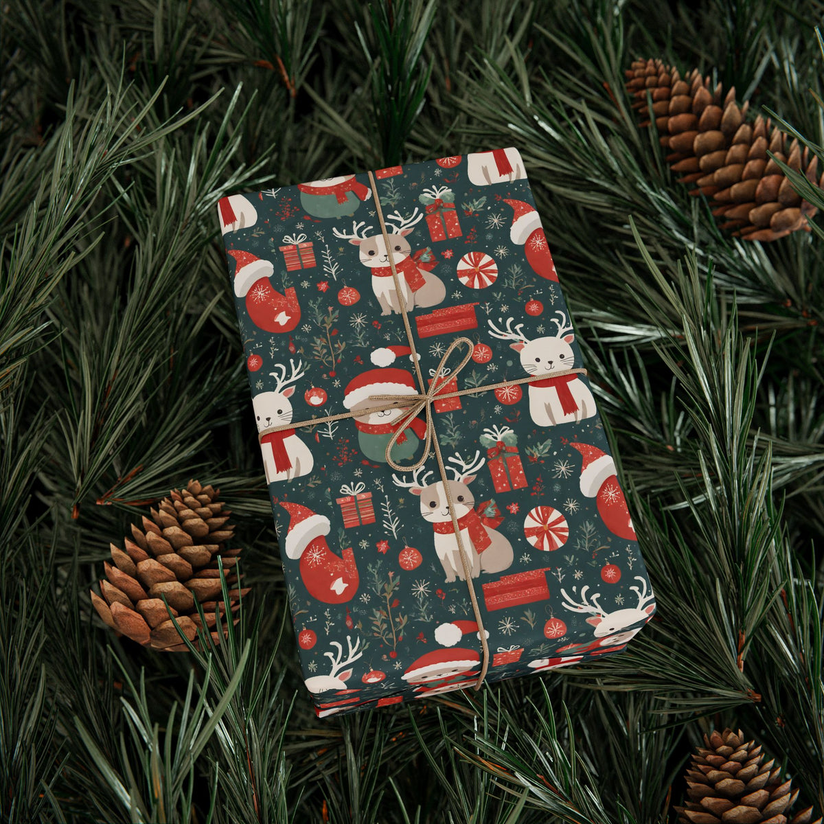 Christmas Wrapping Paper Roll — Cute Santa & Reindeer Pattern, Holiday Gift Wrap