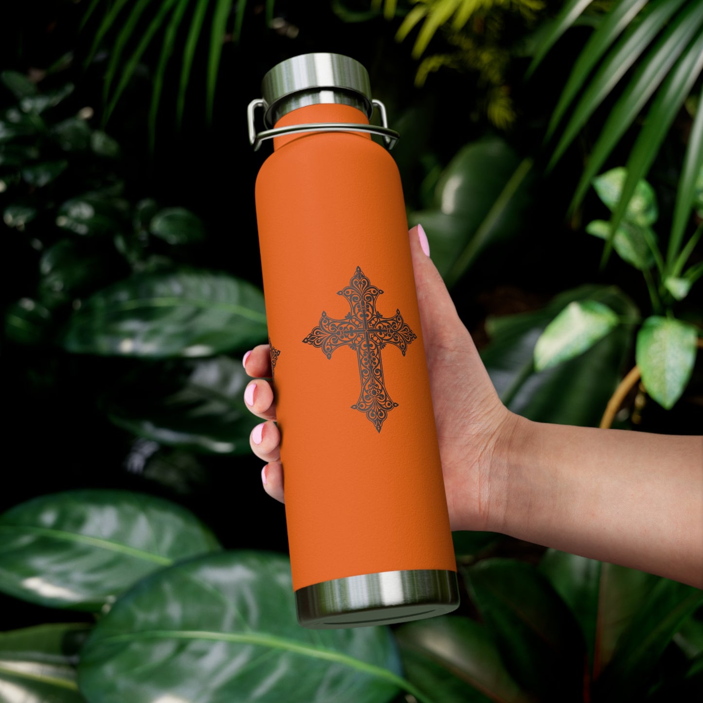 Stylish Copper Insulated Water Bottle - 22oz, Cross Design, Travel Flask, Gift for Him/Her, Unique Outdoor Hydration