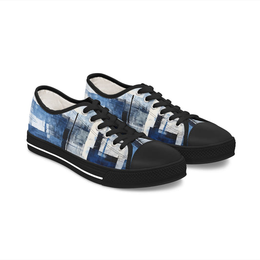 Abstract Blue Grid Low Top Sneakers — Casual Canvas Shoes
