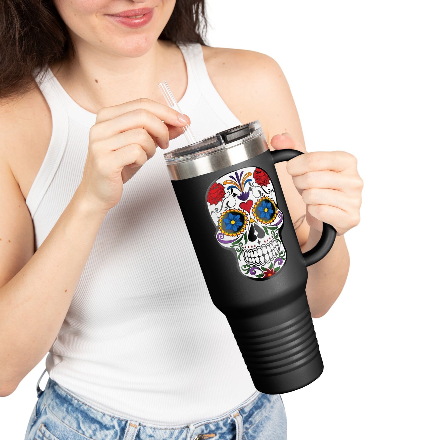 Colorful Sugar Skull Insulated Travel Mug, 40oz, Perfect for Road Trips, Gifts