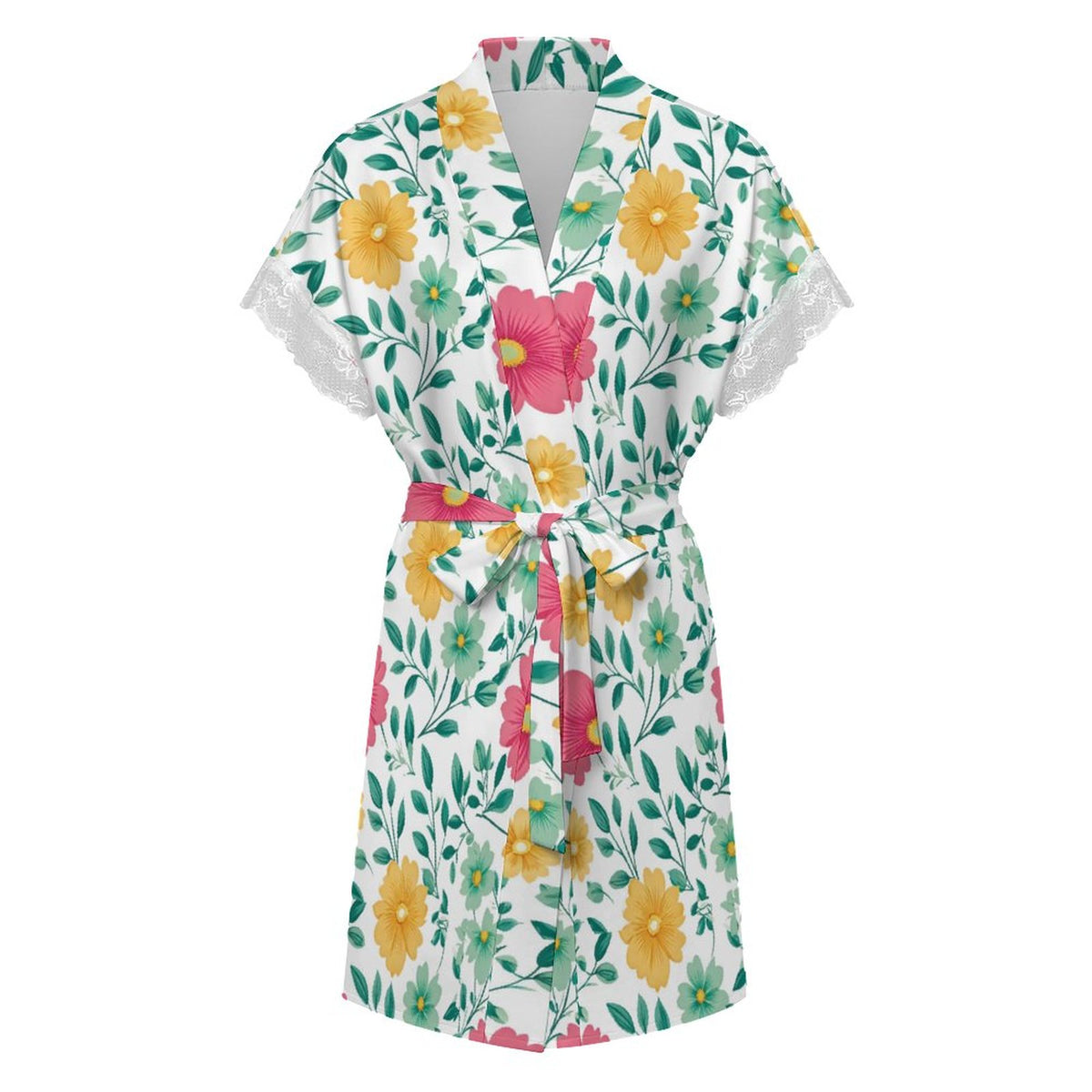 Lace Trimmed Short-Sleeve Robe