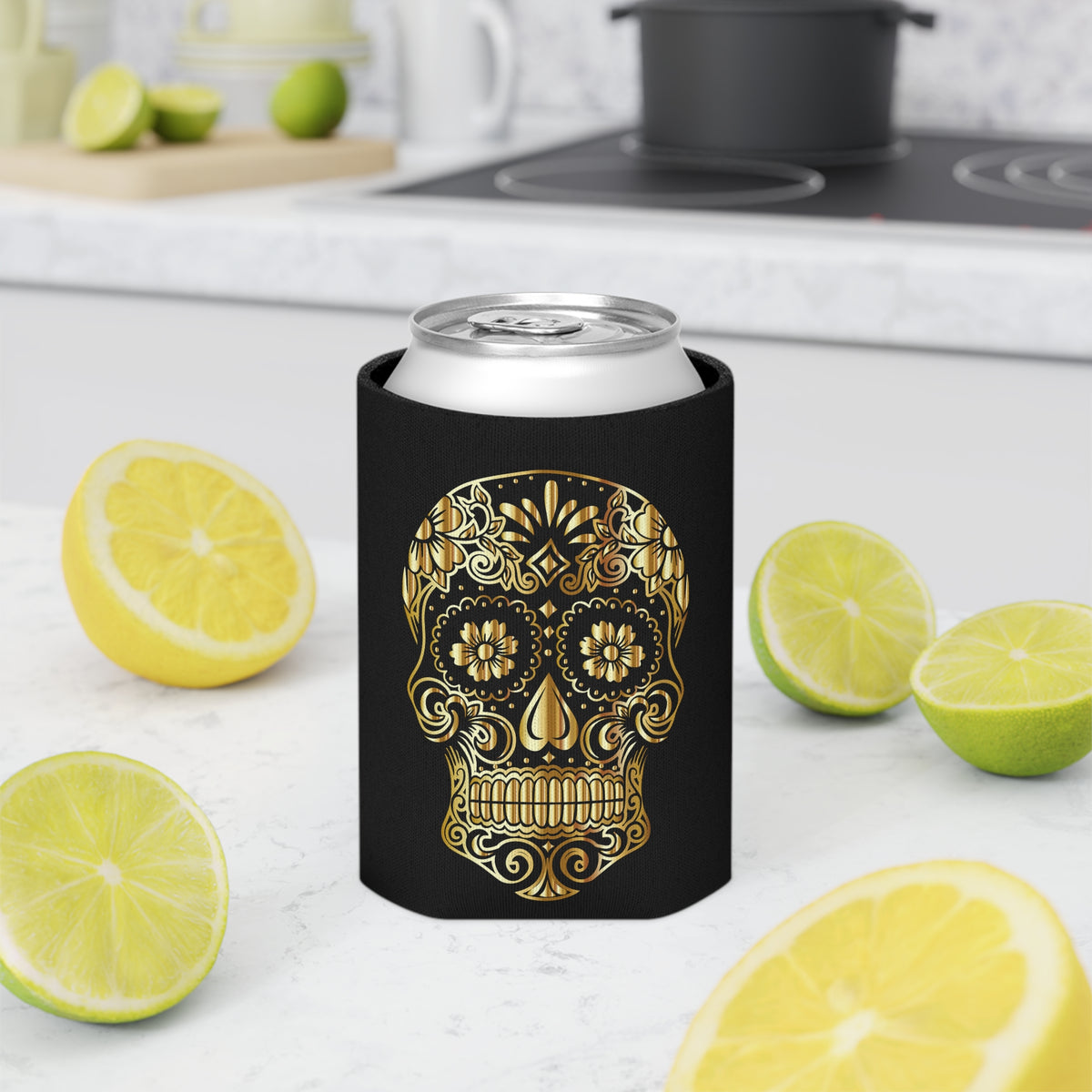 Gorgeous Day of the Dead Skull Can Cooler, Day of the Dead Decor, Beer Sleeve, Fiesta Accessory, Halloween Party Drink Holder