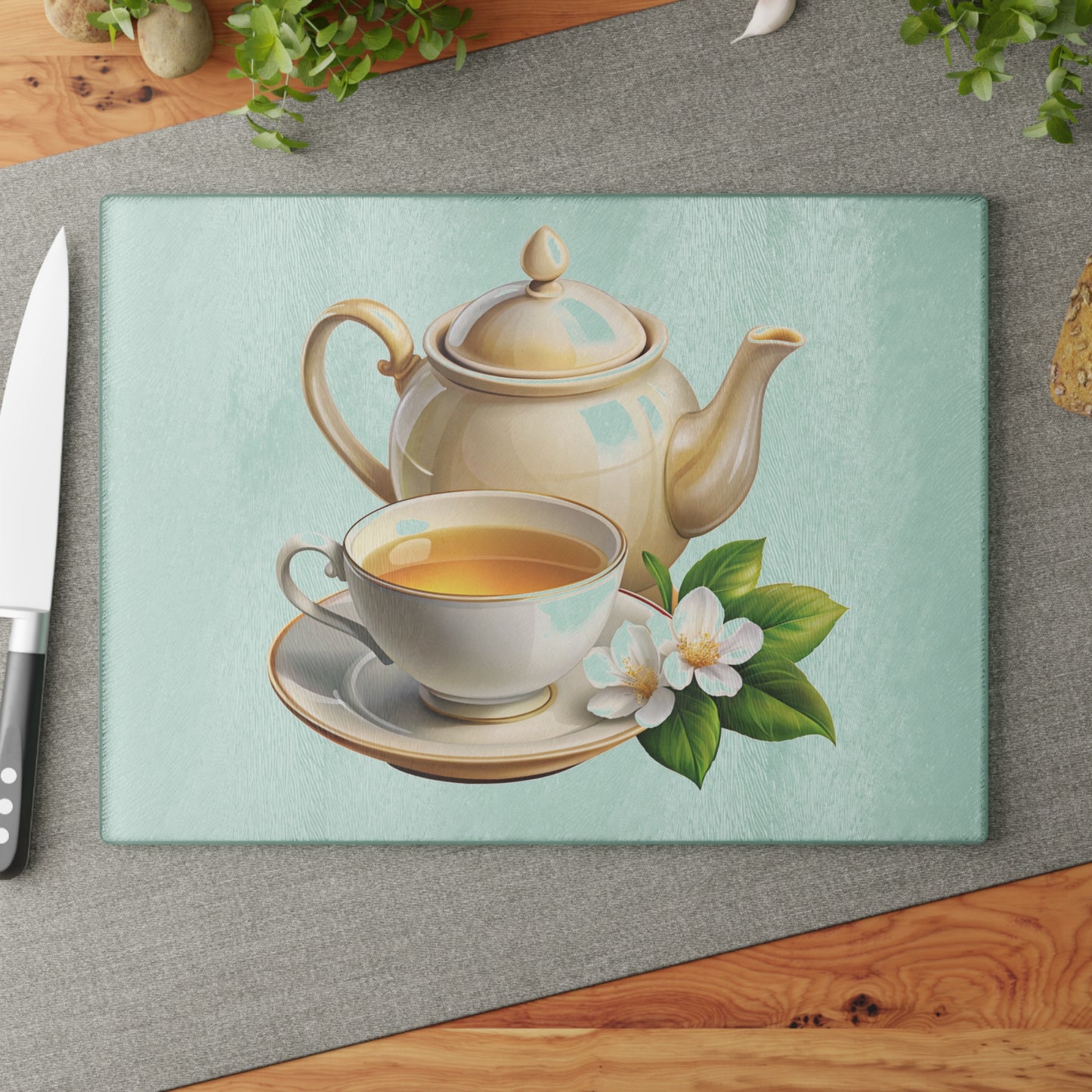 Elegant Tea Time Glass Cutting Board, Kitchen Decor, Gift for Tea Lovers, Housewarming, Birthday, Mother's Day